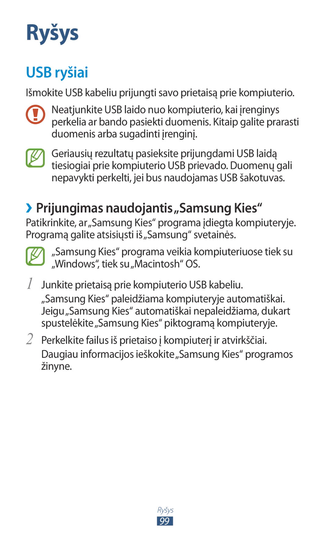 Samsung GT-P3100TSESEB, GT-P3100TSASEB, GT-P3100ZWASEB manual USB ryšiai, ››Prijungimas naudojantis„Samsung Kies 