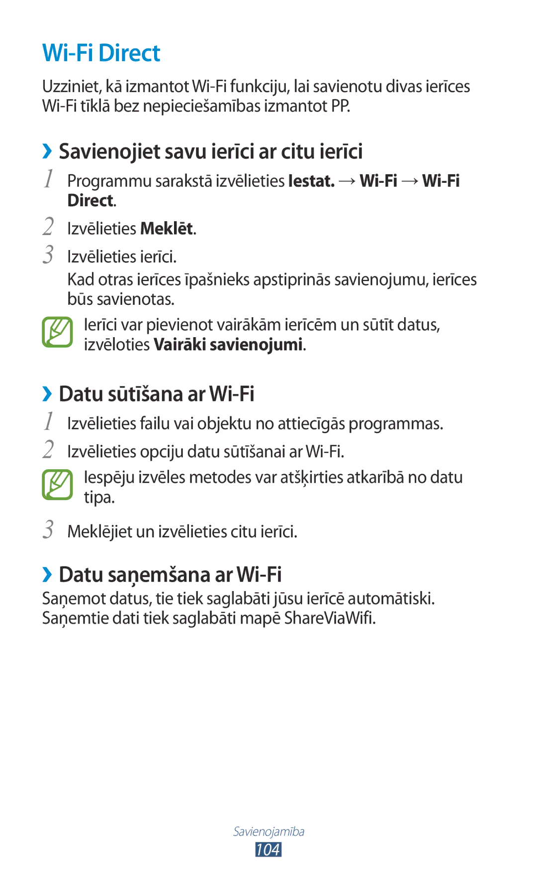 Samsung GT-P3100ZWASEB, GT-P3100TSESEB Wi-Fi Direct, ››Savienojiet savu ierīci ar citu ierīci, ››Datu sūtīšana ar Wi-Fi 