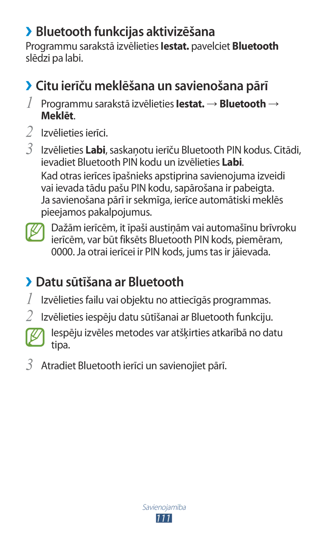 Samsung GT-P3100TSESEB manual ››Bluetooth funkcijas aktivizēšana, ››Citu ierīču meklēšana un savienošana pārī, Meklēt 