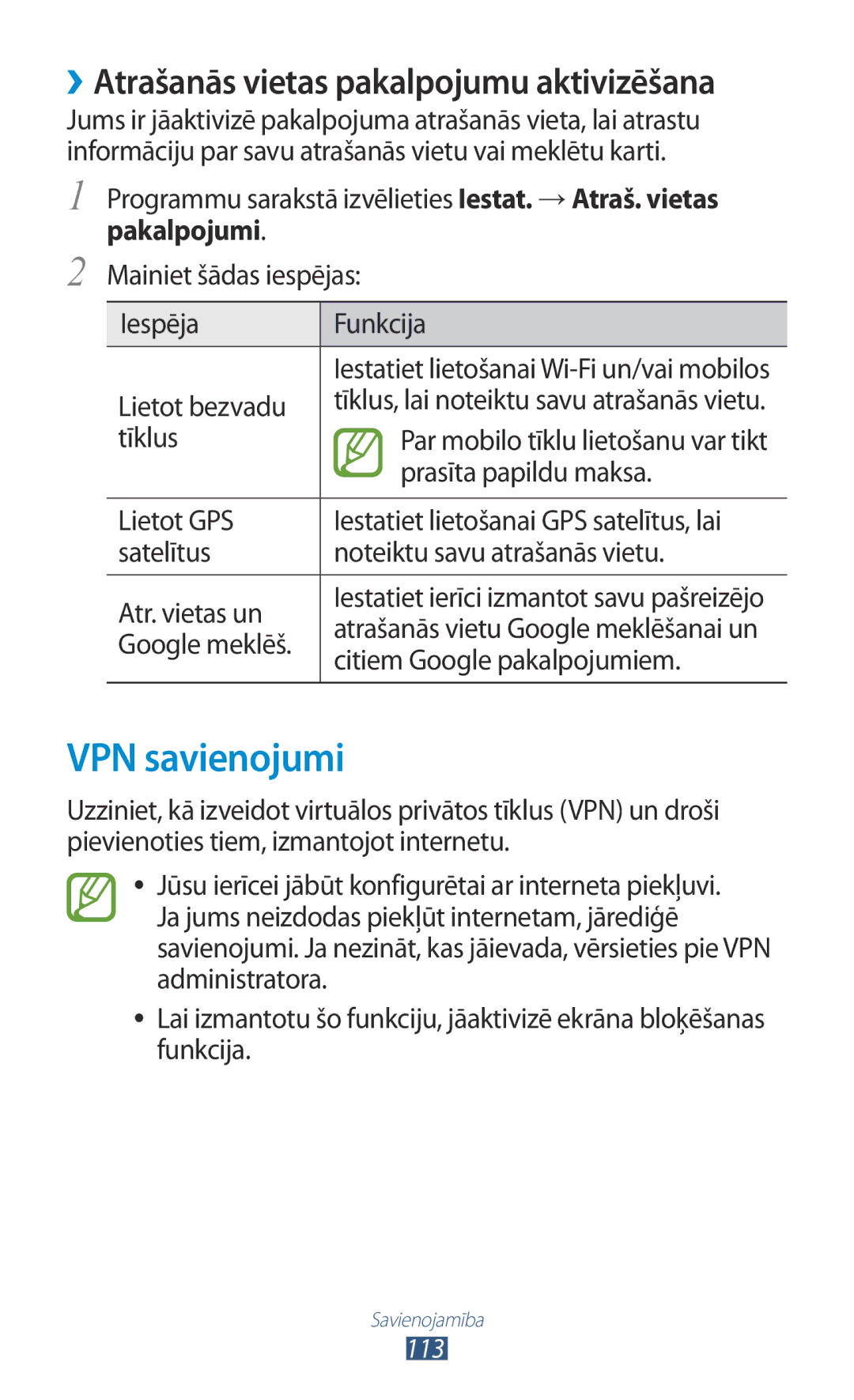 Samsung GT-P3100ZWASEB, GT-P3100TSESEB, GT-P3100TSASEB manual VPN savienojumi, Pakalpojumi 