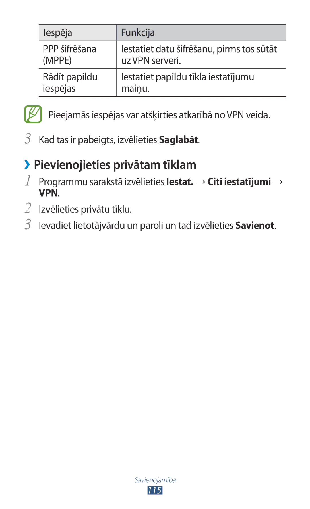 Samsung GT-P3100TSASEB, GT-P3100TSESEB ››Pievienojieties privātam tīklam, Iespēja Funkcija PPP šifrēšana, Uz VPN serveri 