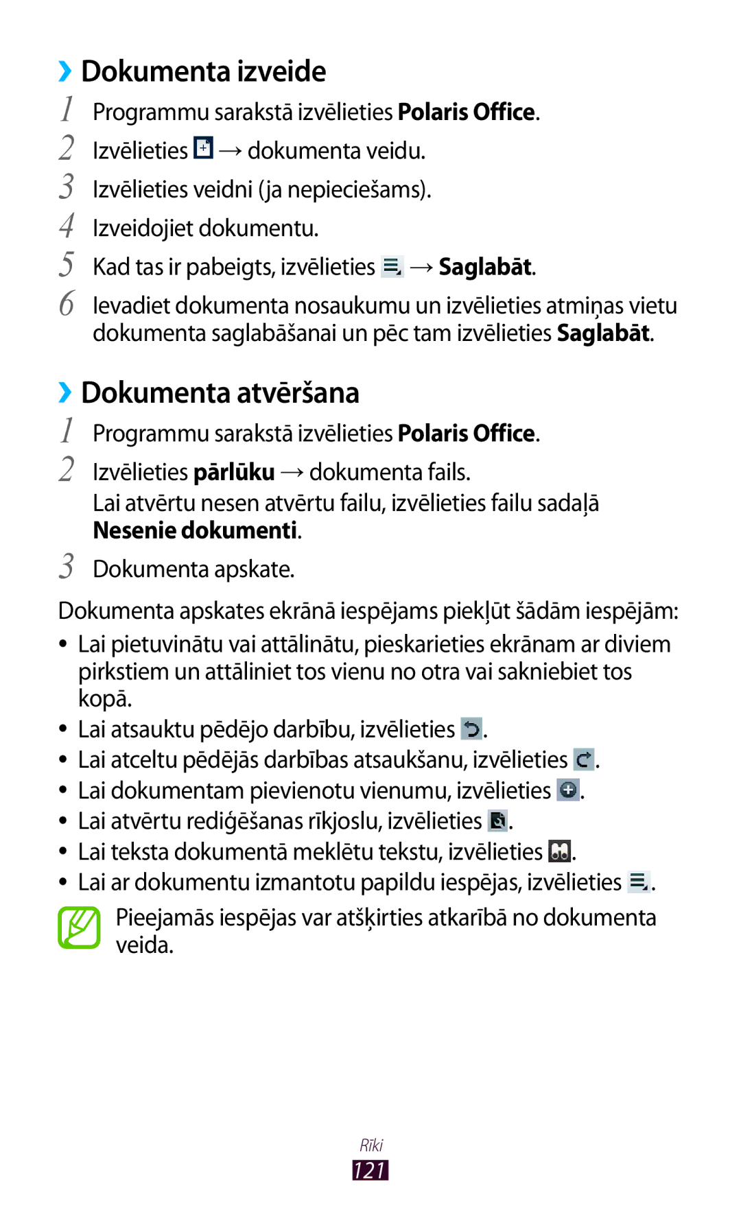 Samsung GT-P3100TSASEB, GT-P3100TSESEB, GT-P3100ZWASEB manual Dokumenta izveide, Dokumenta atvēršana, Nesenie dokumenti 