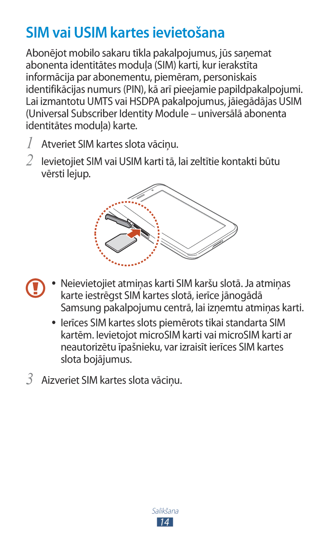 Samsung GT-P3100ZWASEB, GT-P3100TSESEB, GT-P3100TSASEB manual SIM vai Usim kartes ievietošana 