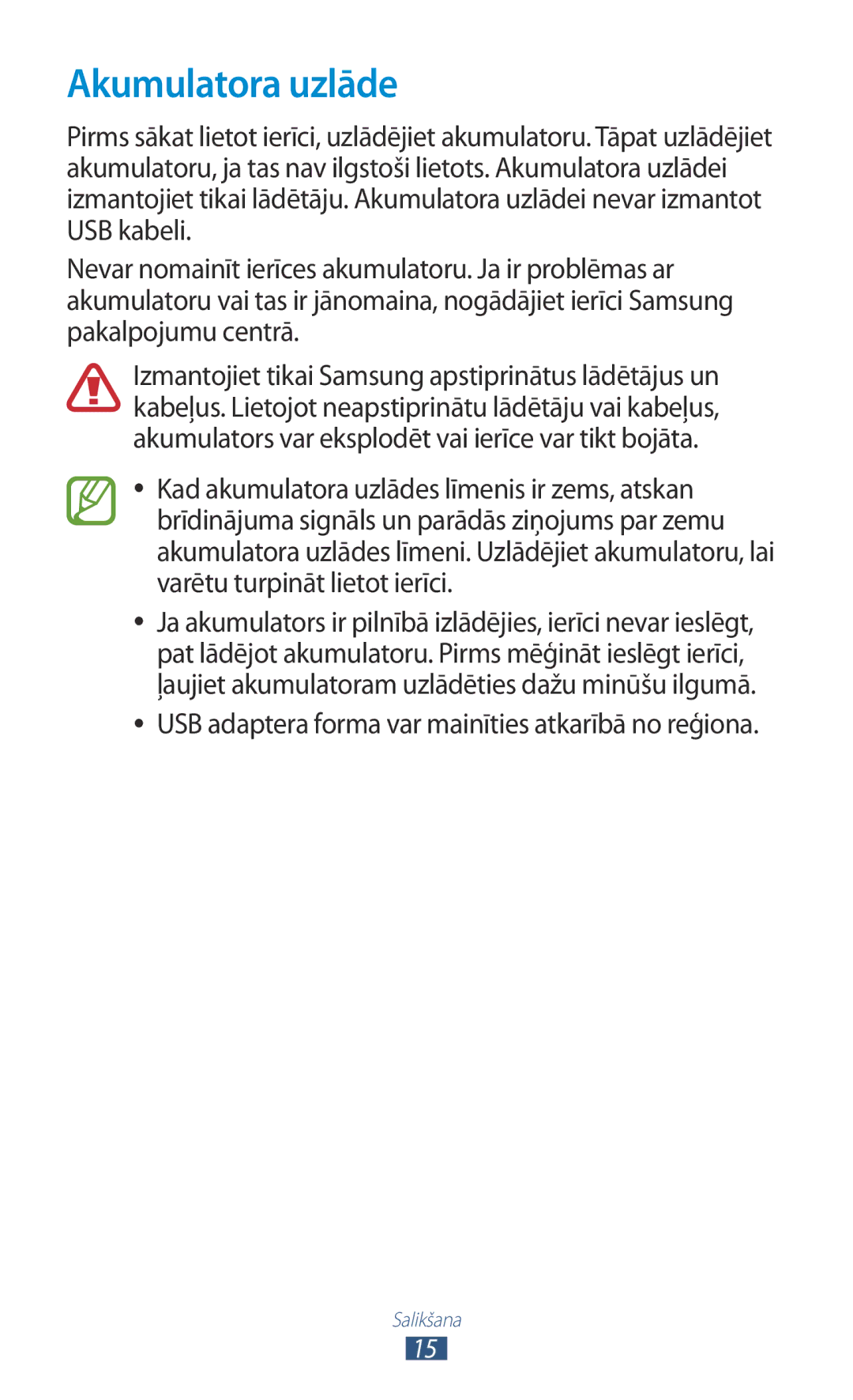 Samsung GT-P3100TSESEB, GT-P3100TSASEB, GT-P3100ZWASEB manual Akumulatora uzlāde 