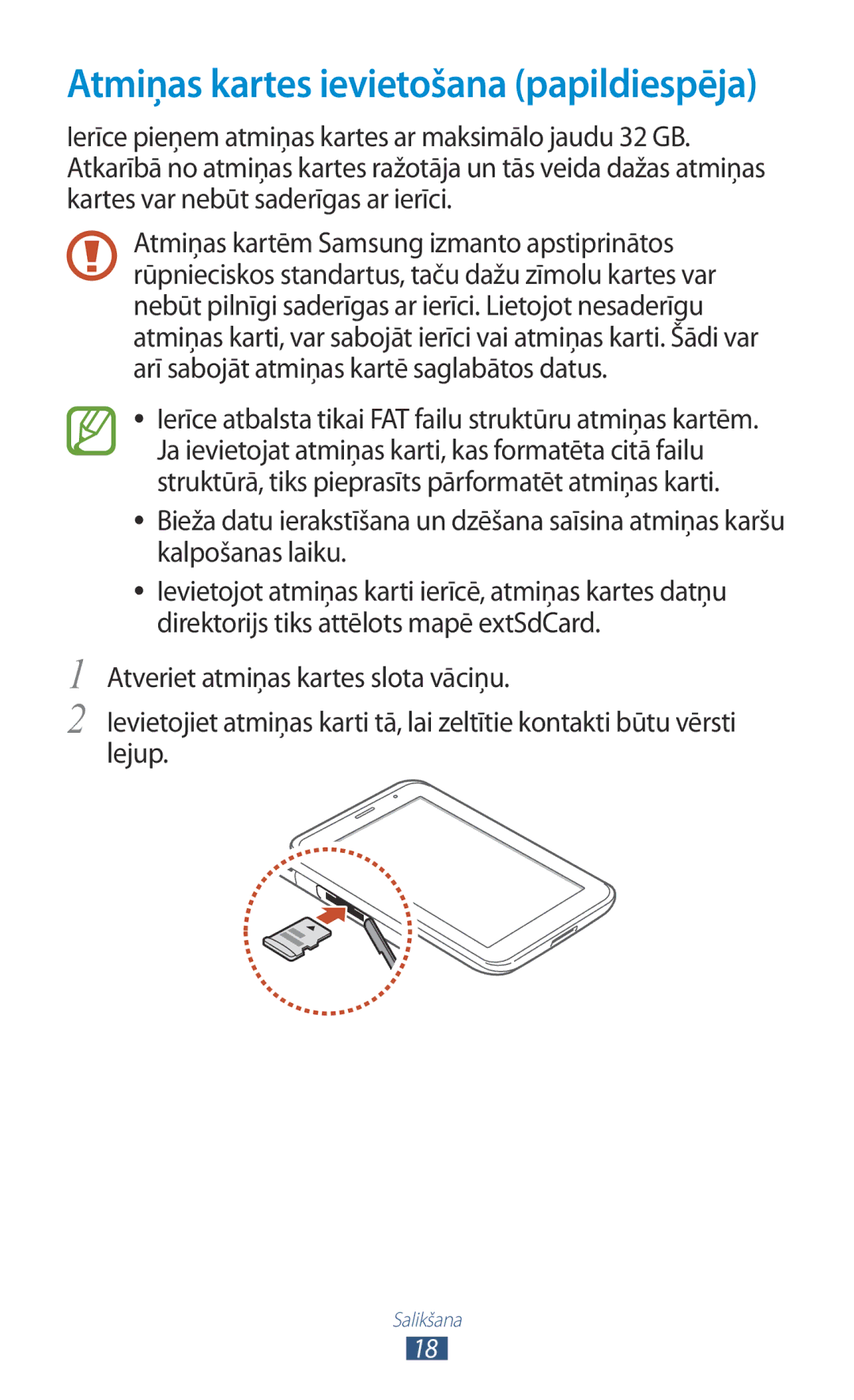 Samsung GT-P3100TSESEB, GT-P3100TSASEB, GT-P3100ZWASEB manual Atmiņas kartes ievietošana papildiespēja 
