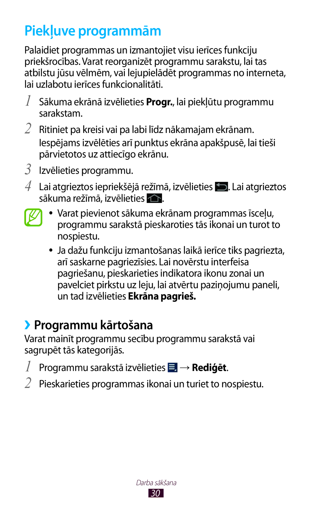 Samsung GT-P3100TSESEB, GT-P3100TSASEB, GT-P3100ZWASEB manual Piekļuve programmām, ››Programmu kārtošana 