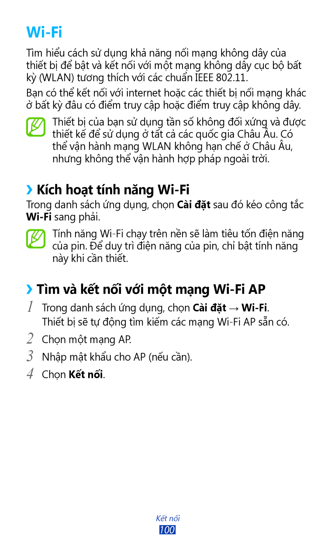 Samsung GT-P3100TSEXXV manual ››Kích hoạ̣t tính năng Wi-Fi, ››Tì̀m và kết nối với một mạ̣ng Wi-Fi AP, Chọn Kết nối 