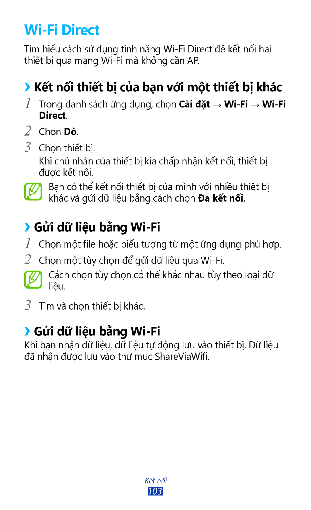 Samsung GT-P3100TSEXEV manual Wi-Fi Direct, ››Kết nối thiết bị̣ củ̉a bạ̣n với một thiết bị̣ khác, ››Gửi dữ liệu bằng Wi-Fi 