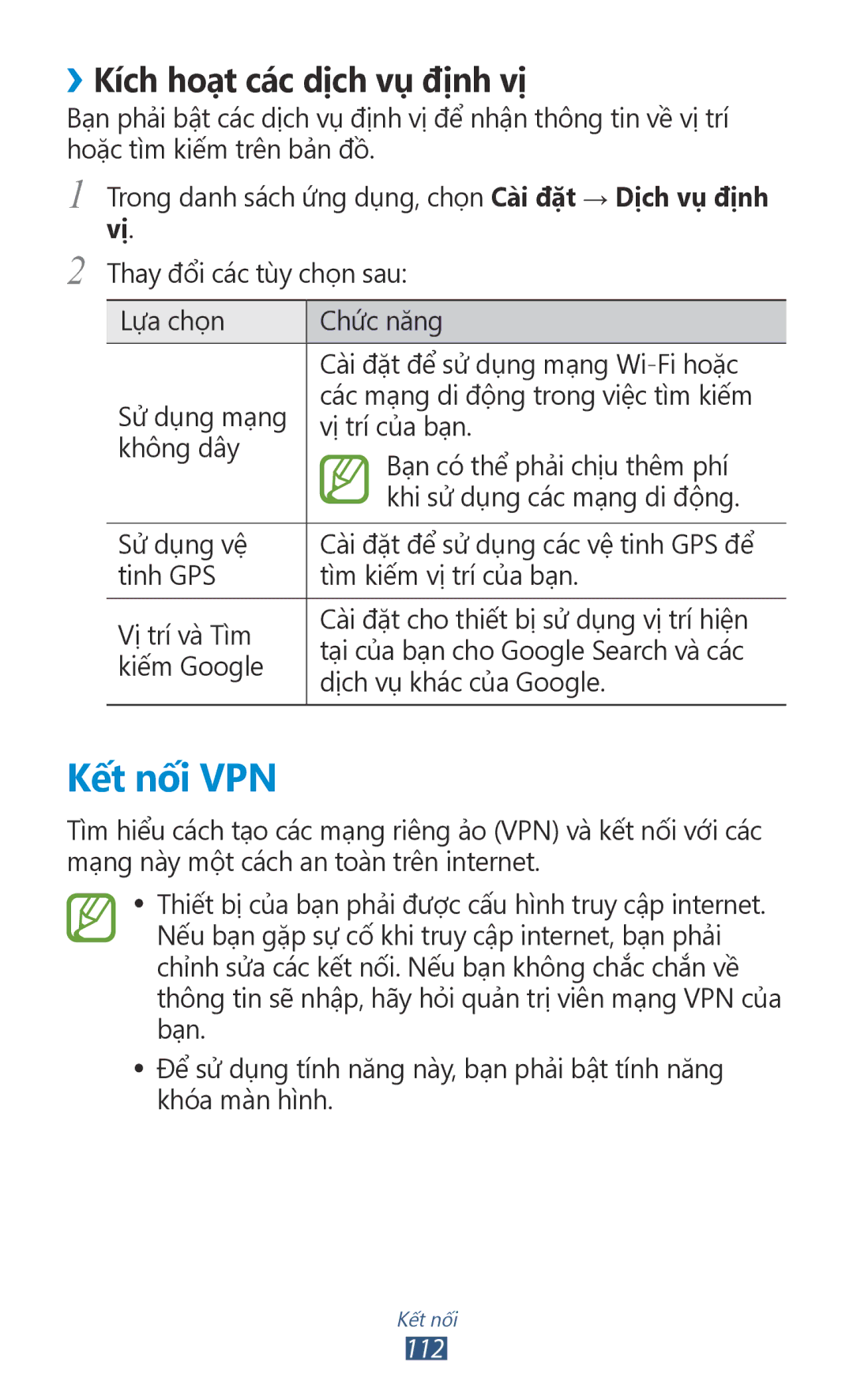 Samsung GT-P3100TSEXXV, GT-P3100GRYXXV, GT-P3100ZWEXXV, GT-P3100TSEXEV manual Kết nối VPN, ››Kích hoạ̣t các dị̣ch vụ đị̣nh vị̣ 