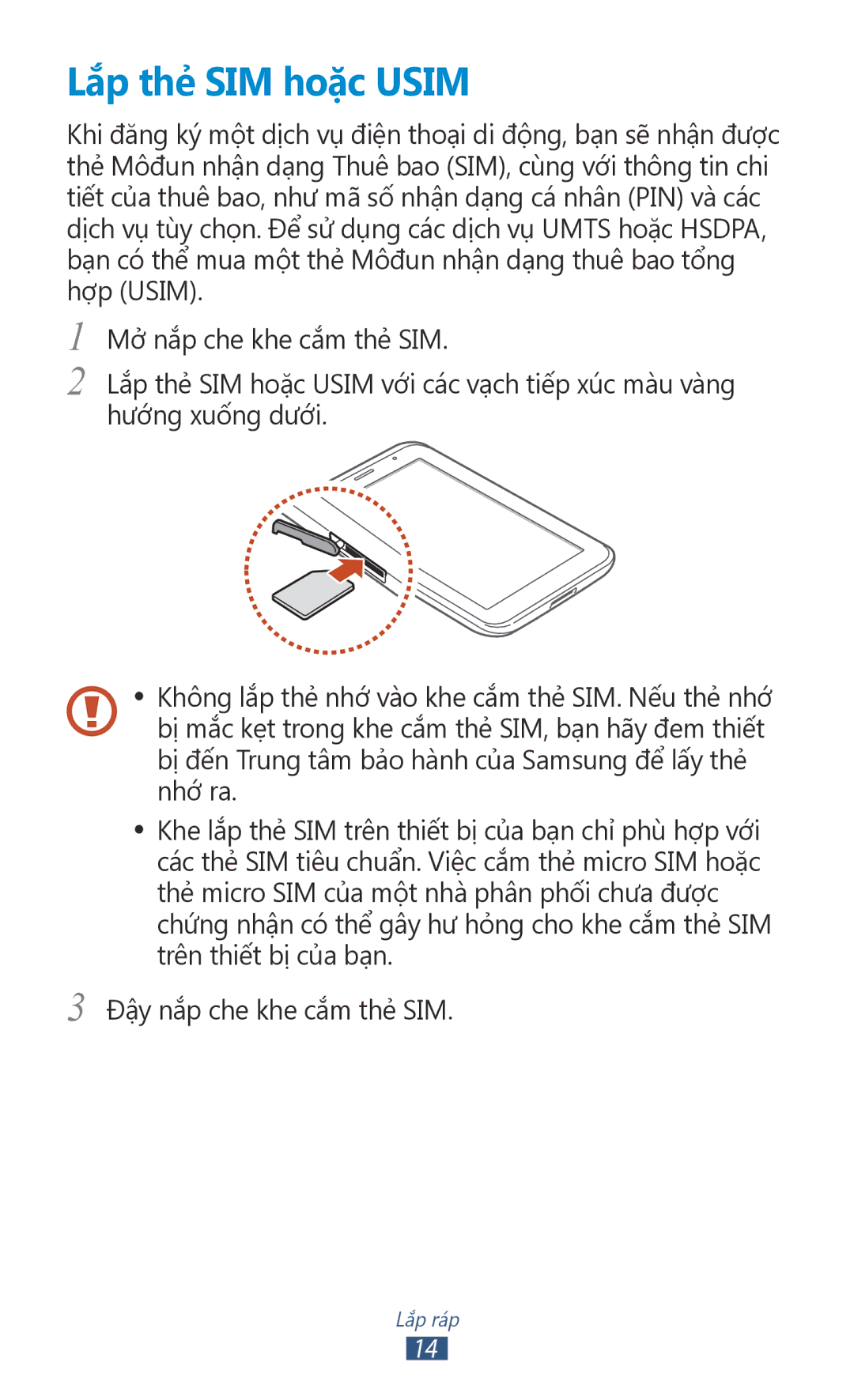 Samsung GT-P3100ZWEXXV, GT-P3100TSEXXV, GT-P3100GRYXXV, GT-P3100TSEXEV manual Lắp thẻ SIM hoặc Usim 