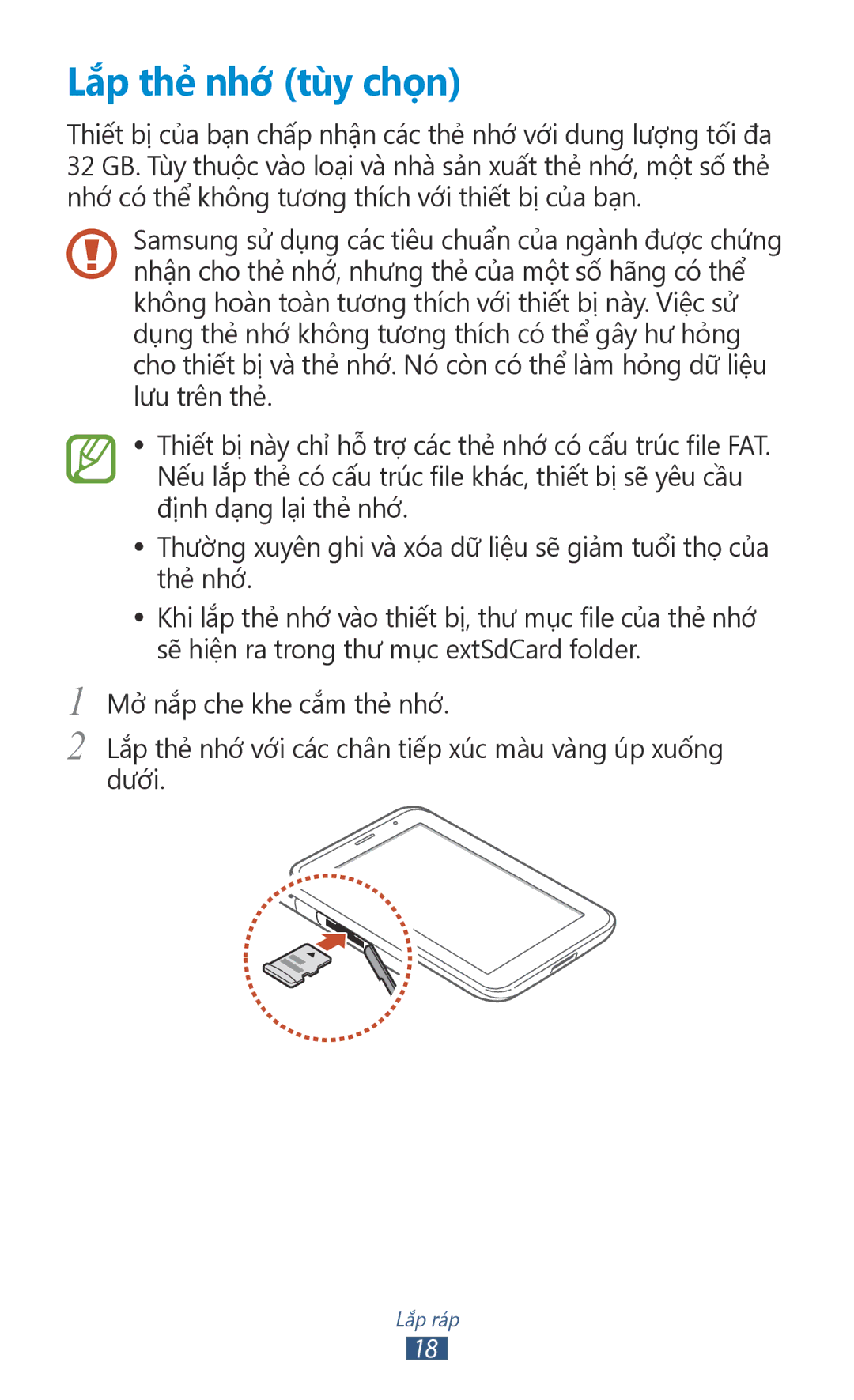 Samsung GT-P3100ZWEXXV, GT-P3100TSEXXV, GT-P3100GRYXXV, GT-P3100TSEXEV manual Lăp the nhơ tùy chọn 