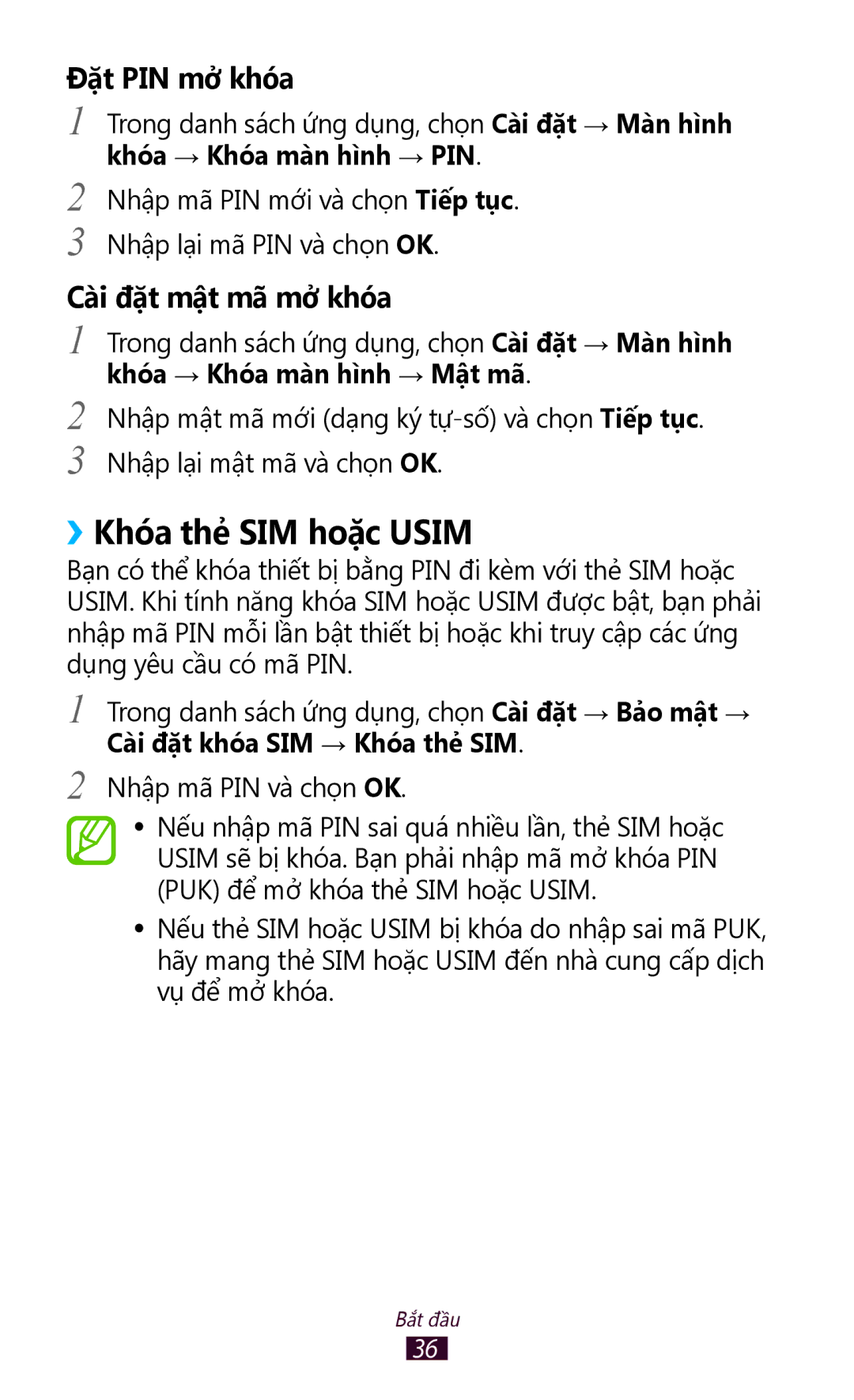 Samsung GT-P3100TSEXXV, GT-P3100GRYXXV, GT-P3100ZWEXXV, GT-P3100TSEXEV manual ››Khóa thẻ SIM hoặc Usim, Đặt PIN mở khóa 