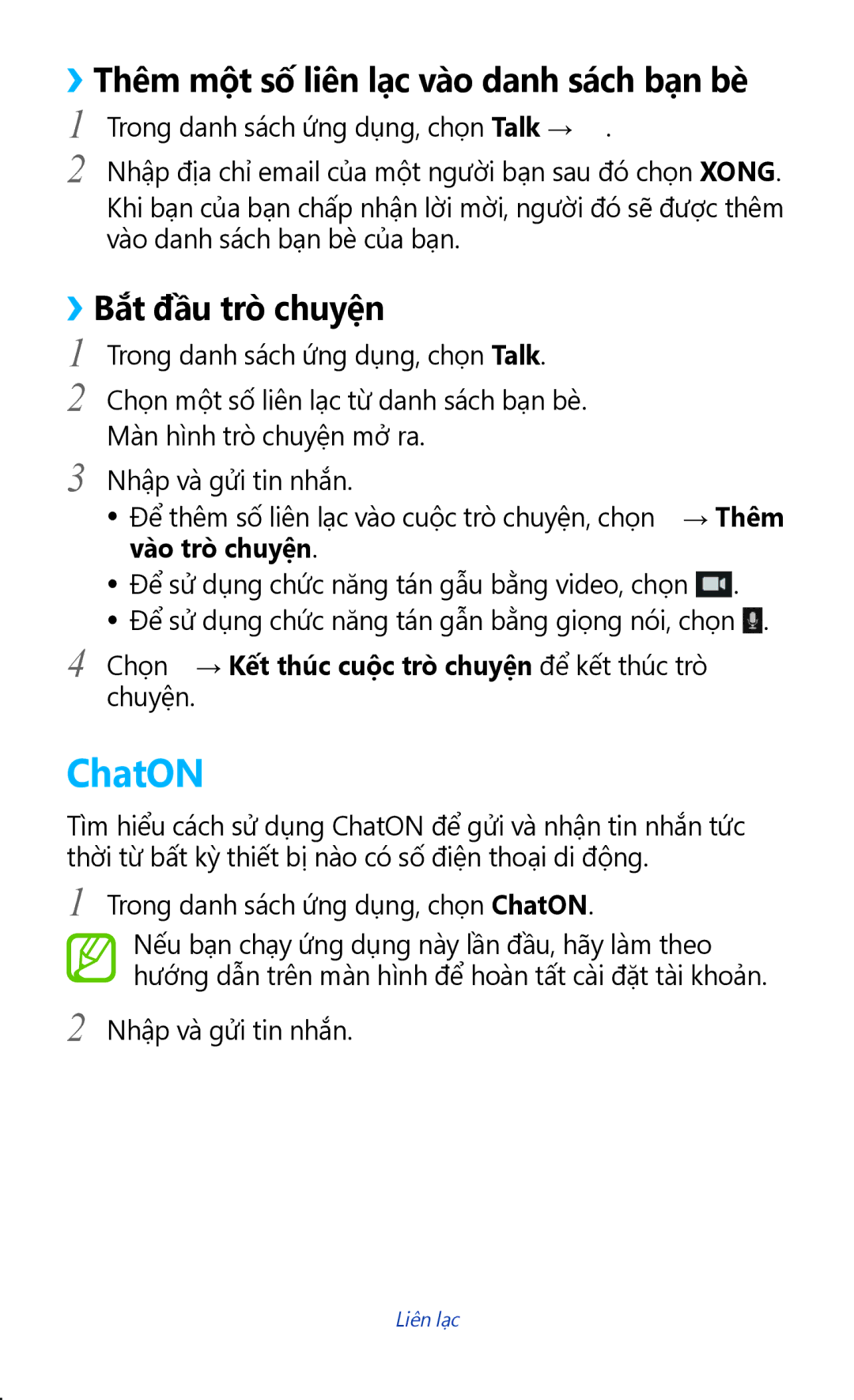 Samsung GT-P3100GRYXXV, GT-P3100TSEXXV manual ChatON, ››Thêm một số liên lạ̣c vào danh sách bạ̣n bè̀, ››Bắt đầu trò chuyện 