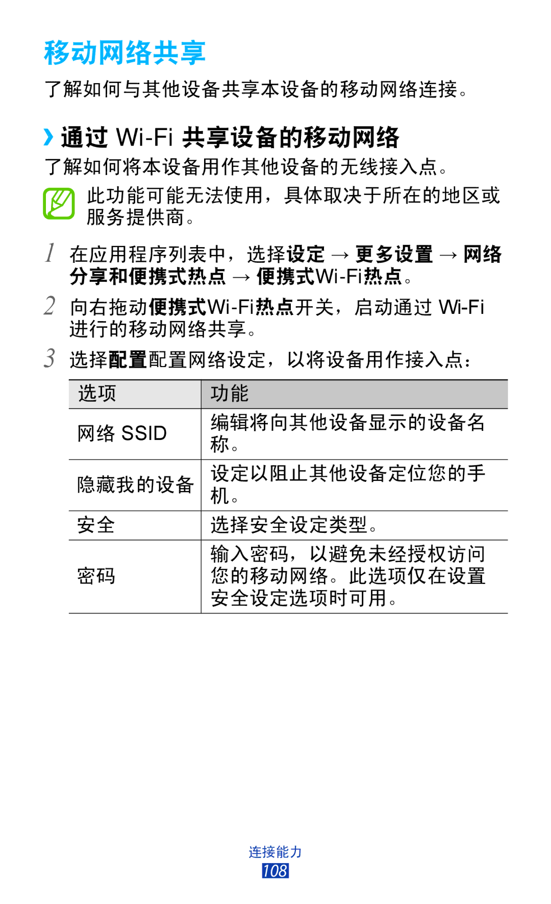 Samsung GT-P3100TSEXXV, GT-P3100GRYXXV, GT-P3100ZWEXXV, GT-P3100TSEXEV manual 移动网络共享, ››通过 Wi-Fi共享设备的移动网络 