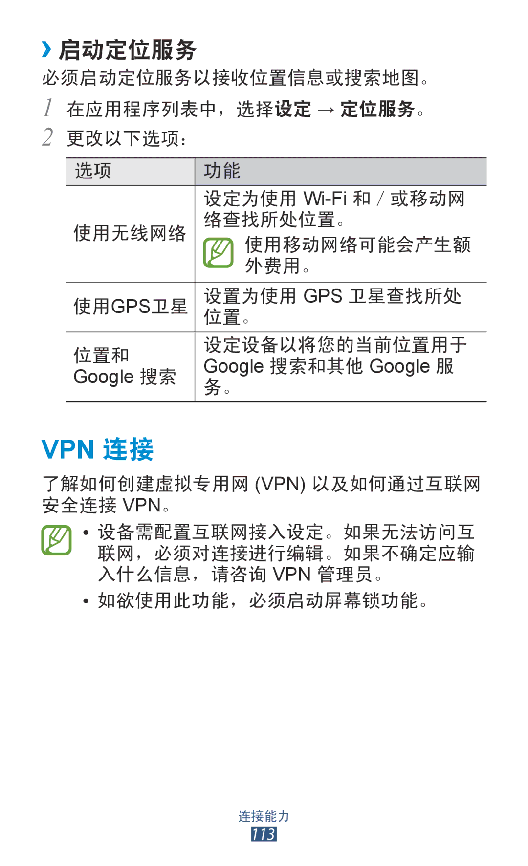 Samsung GT-P3100GRYXXV, GT-P3100TSEXXV, GT-P3100ZWEXXV, GT-P3100TSEXEV manual Vpn 连接, ››启动定位服务 