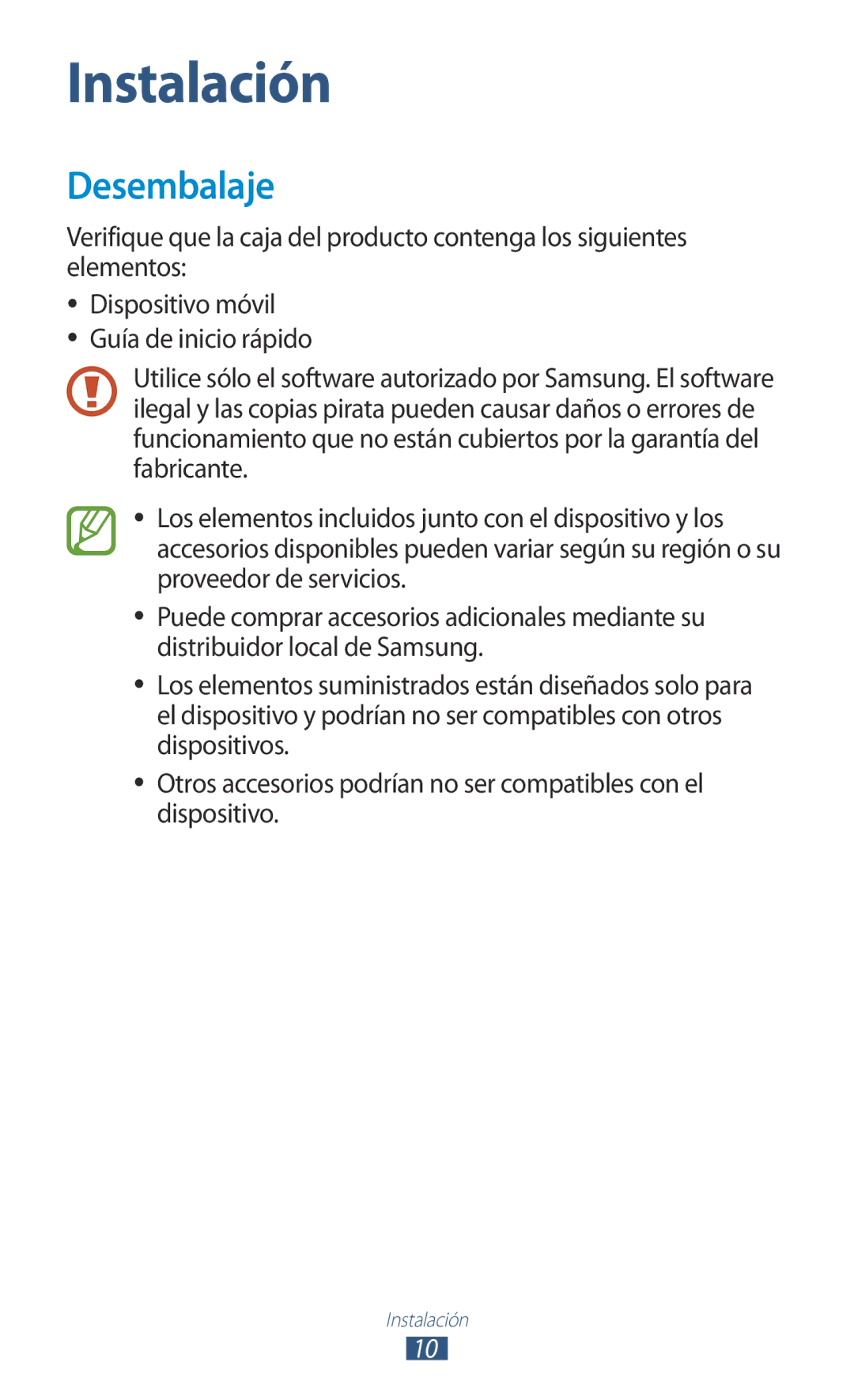 Samsung GT-P3100ZWAAMN, GT-P3100ZWAPHE, GT-P3100TSAPHE, GT-P3100TSEAMN, GT-P3100ZWEAMN manual Instalación, Desembalaje 