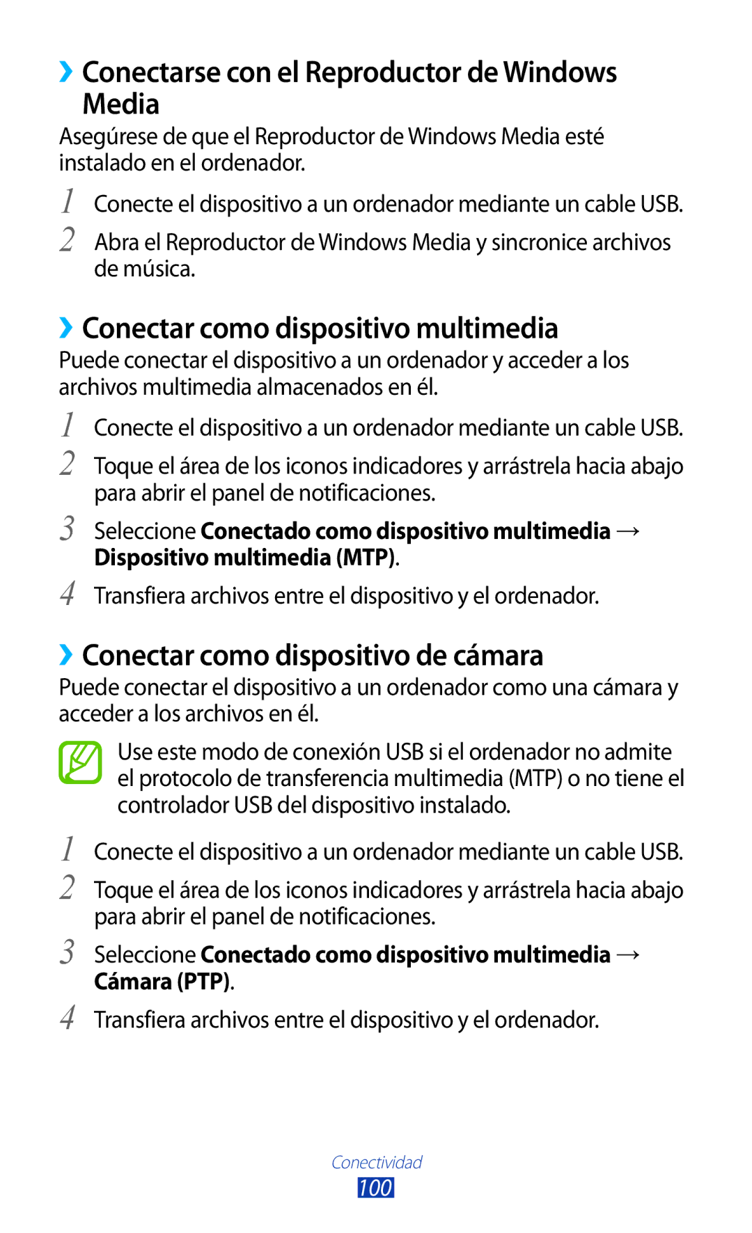 Samsung GT-P3100ZWAAMN manual ››Conectarse con el Reproductor de Windows Media, ››Conectar como dispositivo multimedia 