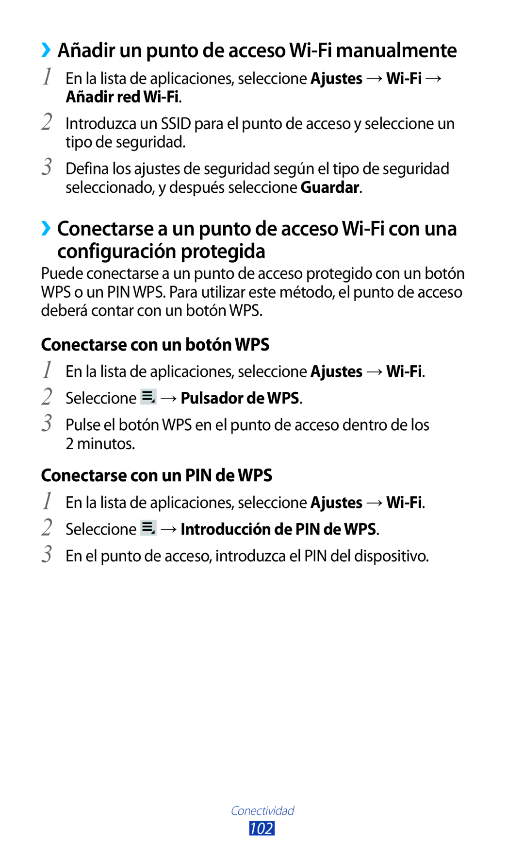 Samsung GT-P3100TSAPHE manual Añadir red Wi-Fi, Seleccione →Pulsador de WPS, Seleccione →Introducción de PIN de WPS, 102 