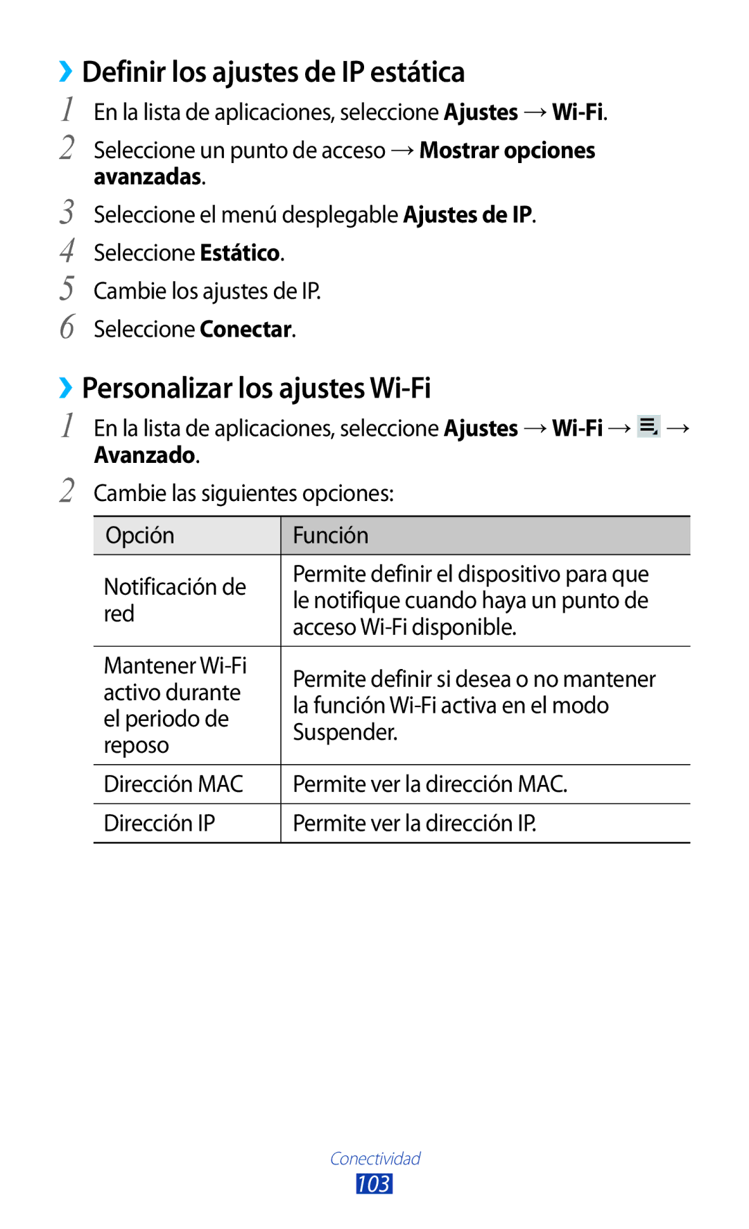 Samsung GT-P3100TSEAMN, GT-P3100ZWAAMN manual ››Definir los ajustes de IP estática, ››Personalizar los ajustes Wi-Fi, 103 