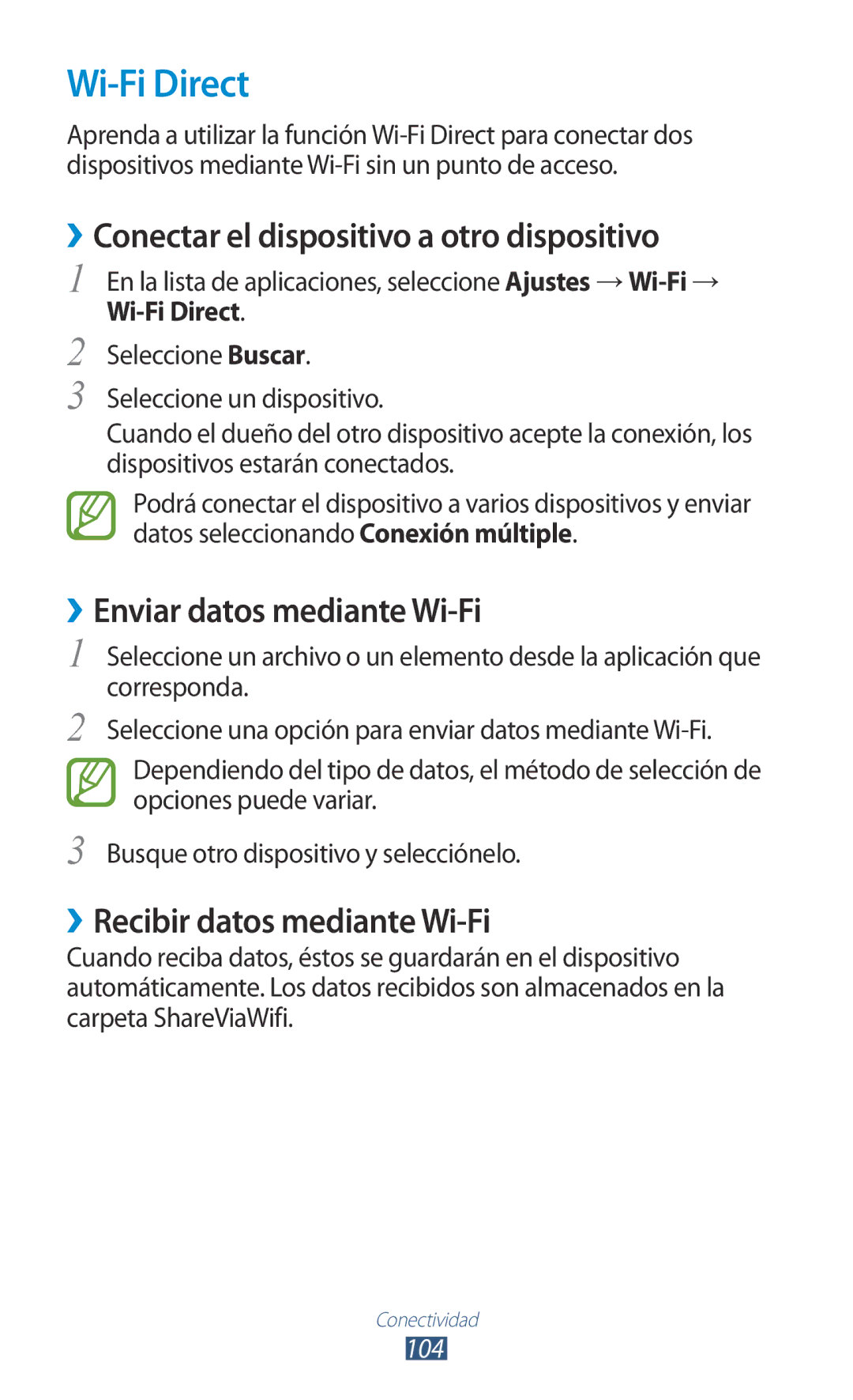 Samsung GT-P3100ZWEAMN manual Wi-Fi Direct, ››Conectar el dispositivo a otro dispositivo, ››Enviar datos mediante Wi-Fi 