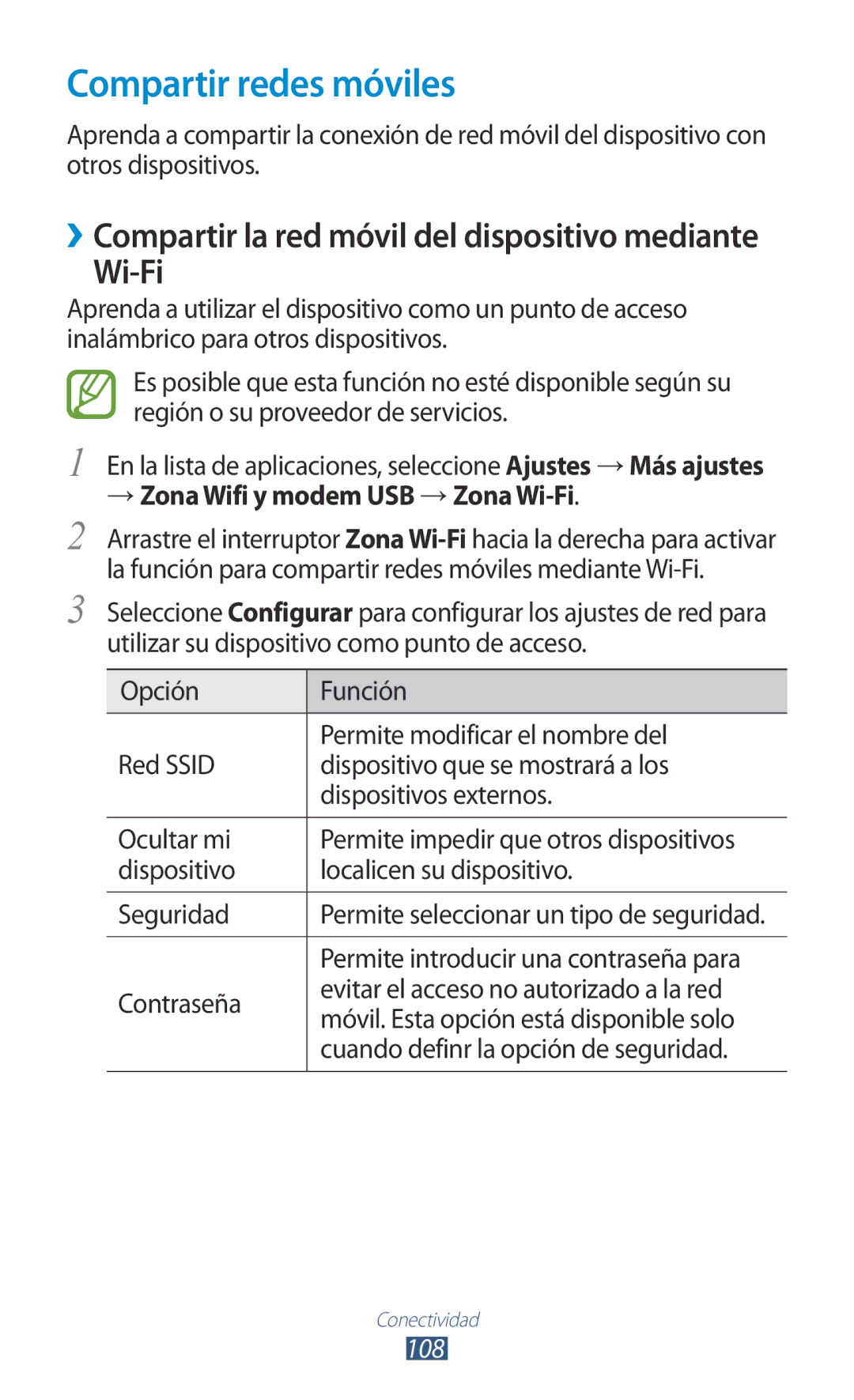 Samsung GT-P3100TSAPRO, GT-P3100ZWAAMN manual Compartir redes móviles, → Zona Wifi y modem USB →Zona Wi-Fi, 108 