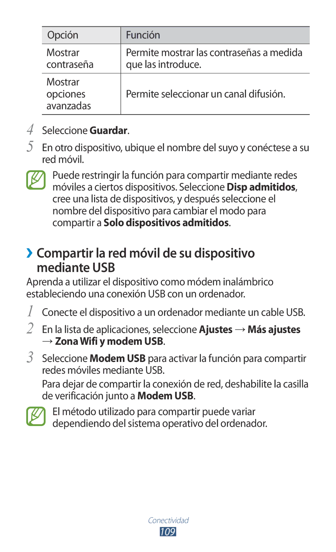 Samsung GT-P3100TSAATL manual ››Compartir la red móvil de su dispositivo mediante USB, Opción Función Mostrar, 109 