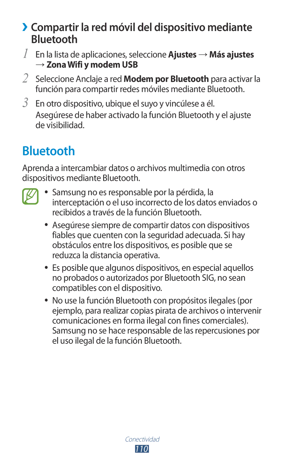 Samsung GT-P3100ZWAAMN, GT-P3100ZWAPHE, GT-P3100TSAPHE, GT-P3100TSEAMN, GT-P3100ZWEAMN, GT-P3100ZWEPHE manual Bluetooth, 110 