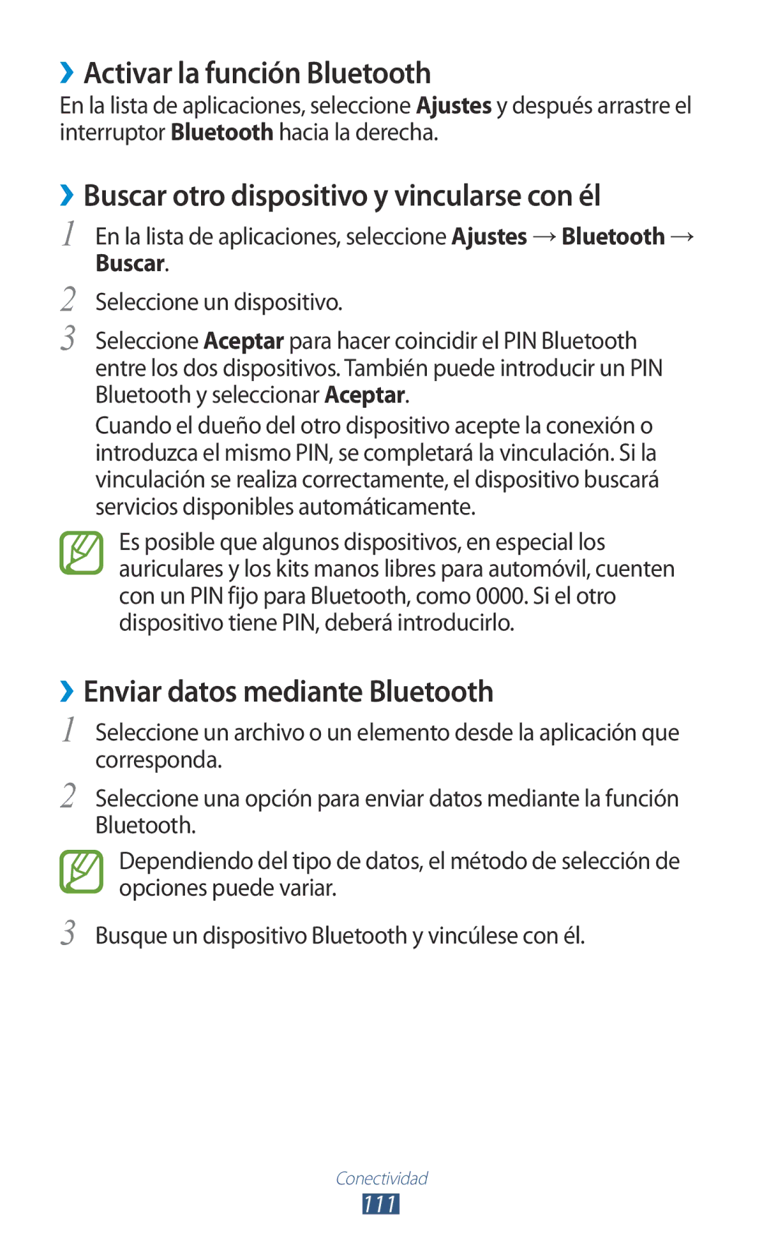 Samsung GT-P3100ZWAPHE, GT-P3100ZWAAMN ››Activar la función Bluetooth, ››Buscar otro dispositivo y vincularse con él, 111 