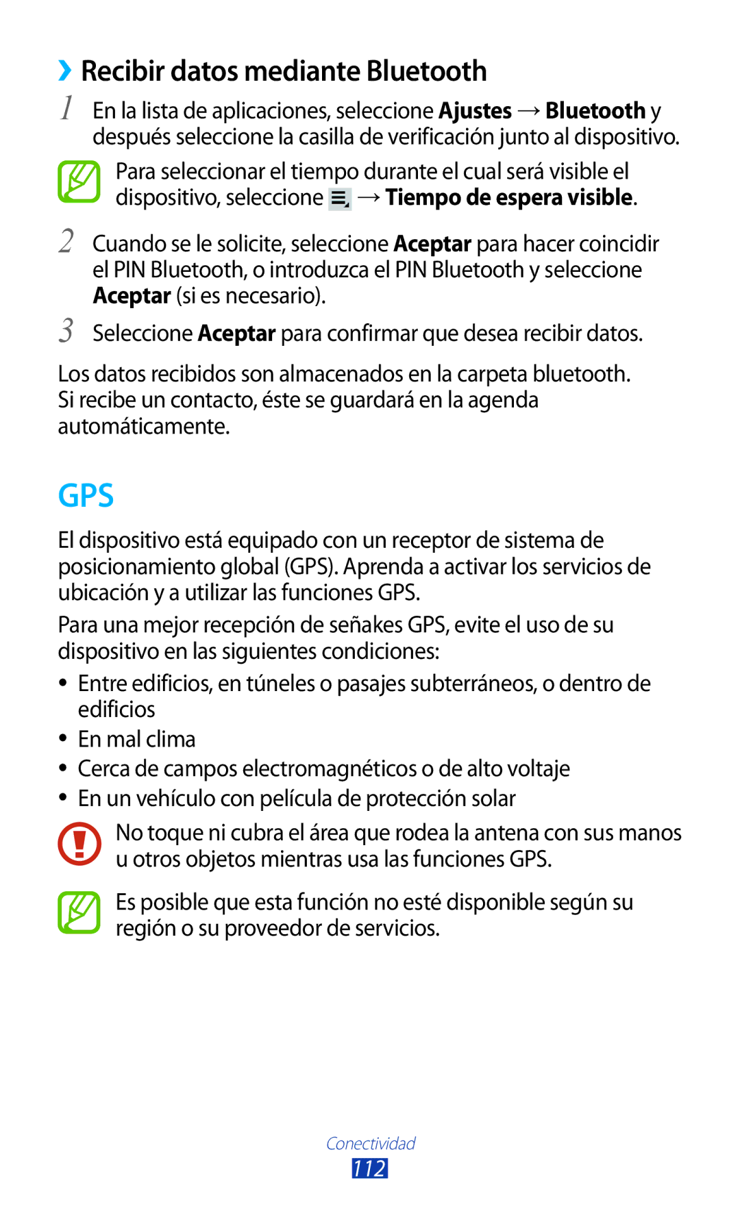 Samsung GT-P3100TSAPHE, GT-P3100ZWAAMN, GT-P3100ZWAPHE, GT-P3100TSEAMN manual ››Recibir datos mediante Bluetooth, 112 