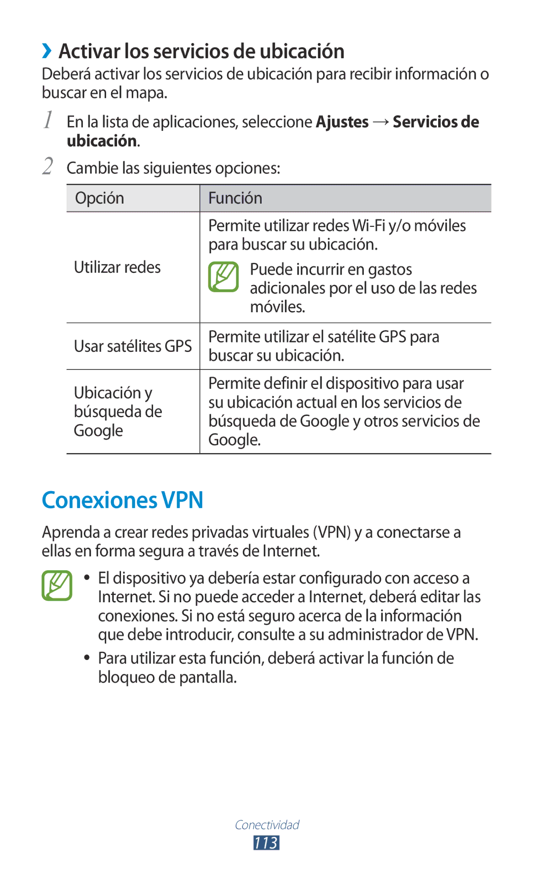 Samsung GT-P3100TSEAMN, GT-P3100ZWAAMN, GT-P3100ZWAPHE manual Conexiones VPN, ››Activar los servicios de ubicación, 113 