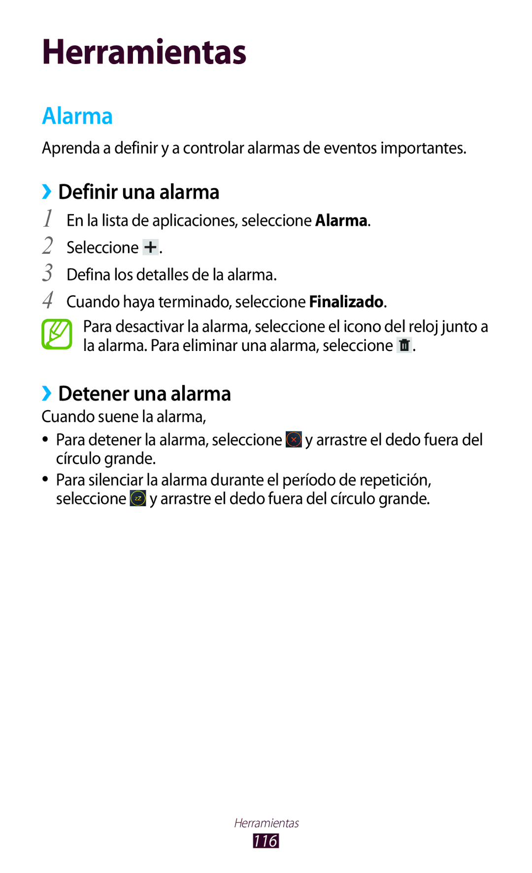 Samsung GT-P3100TSEPHE, GT-P3100ZWAAMN, GT-P3100ZWAPHE manual Alarma, ››Definir una alarma, ››Detener una alarma, 116 