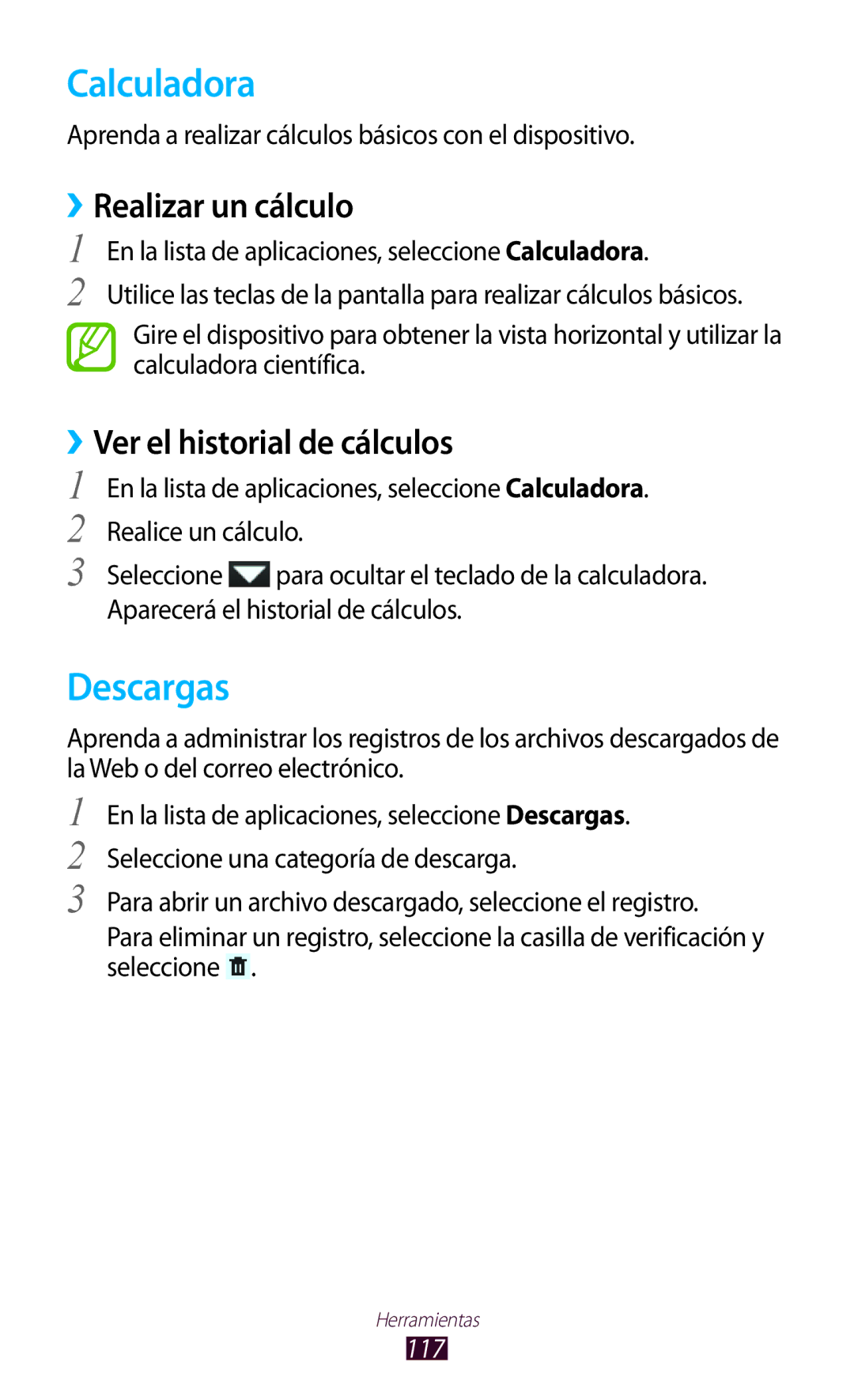 Samsung GT-P3100TSAAMN, GT-P3100ZWAAMN Calculadora, Descargas, ››Realizar un cálculo, ››Ver el historial de cálculos, 117 