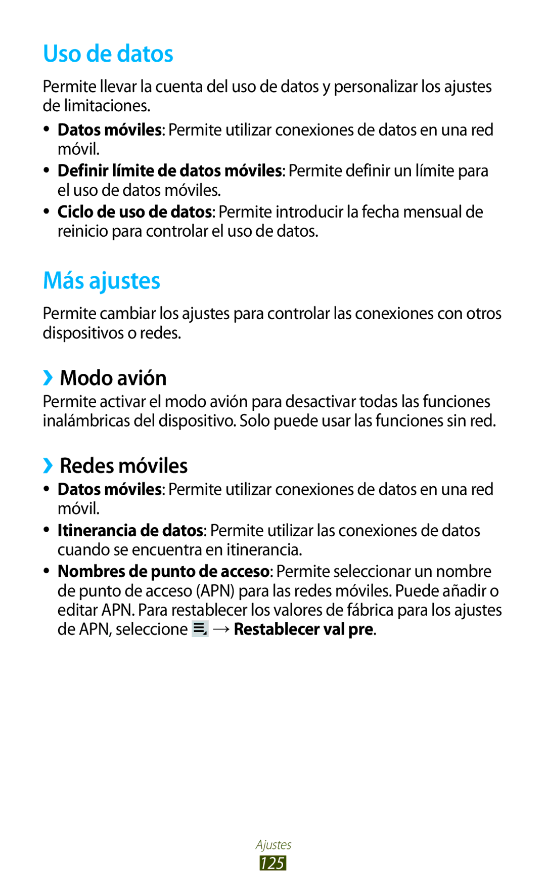 Samsung GT-P3100ZWEPHE, GT-P3100ZWAAMN, GT-P3100ZWAPHE manual Uso de datos, Más ajustes, ››Modo avión, ››Redes móviles, 125 