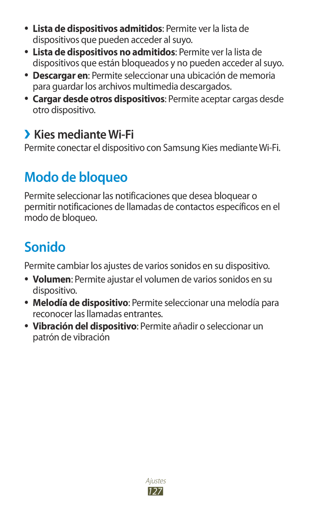 Samsung GT-P3100TSAAMN, GT-P3100ZWAAMN, GT-P3100ZWAPHE, GT-P3100TSAPHE Modo de bloqueo, Sonido, ››Kies mediante Wi-Fi, 127 