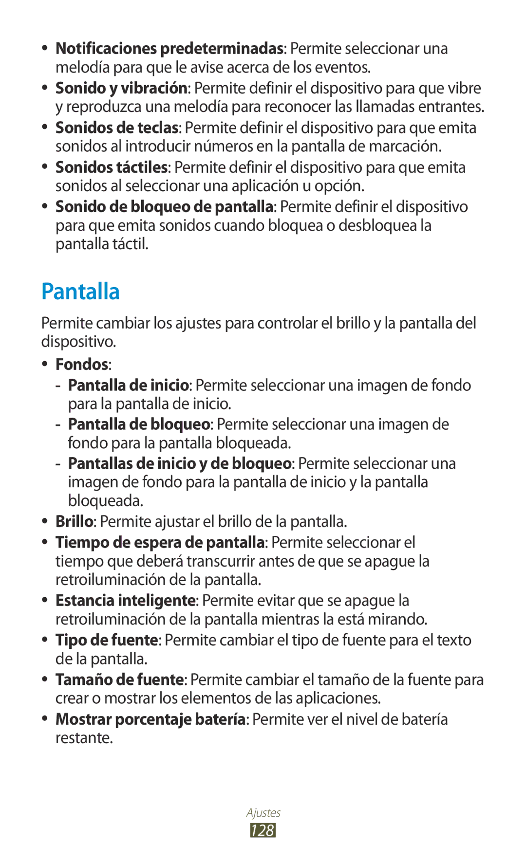 Samsung GT-P3100TSAPRO, GT-P3100ZWAAMN manual Pantalla, Fondos, Brillo Permite ajustar el brillo de la pantalla, 128 