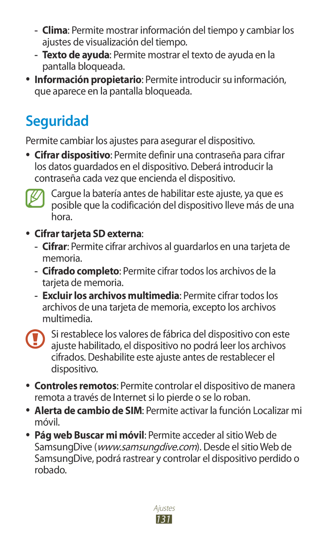 Samsung GT-P3100ZWAPHE Seguridad, Permite cambiar los ajustes para asegurar el dispositivo, Cifrar tarjeta SD externa, 131 