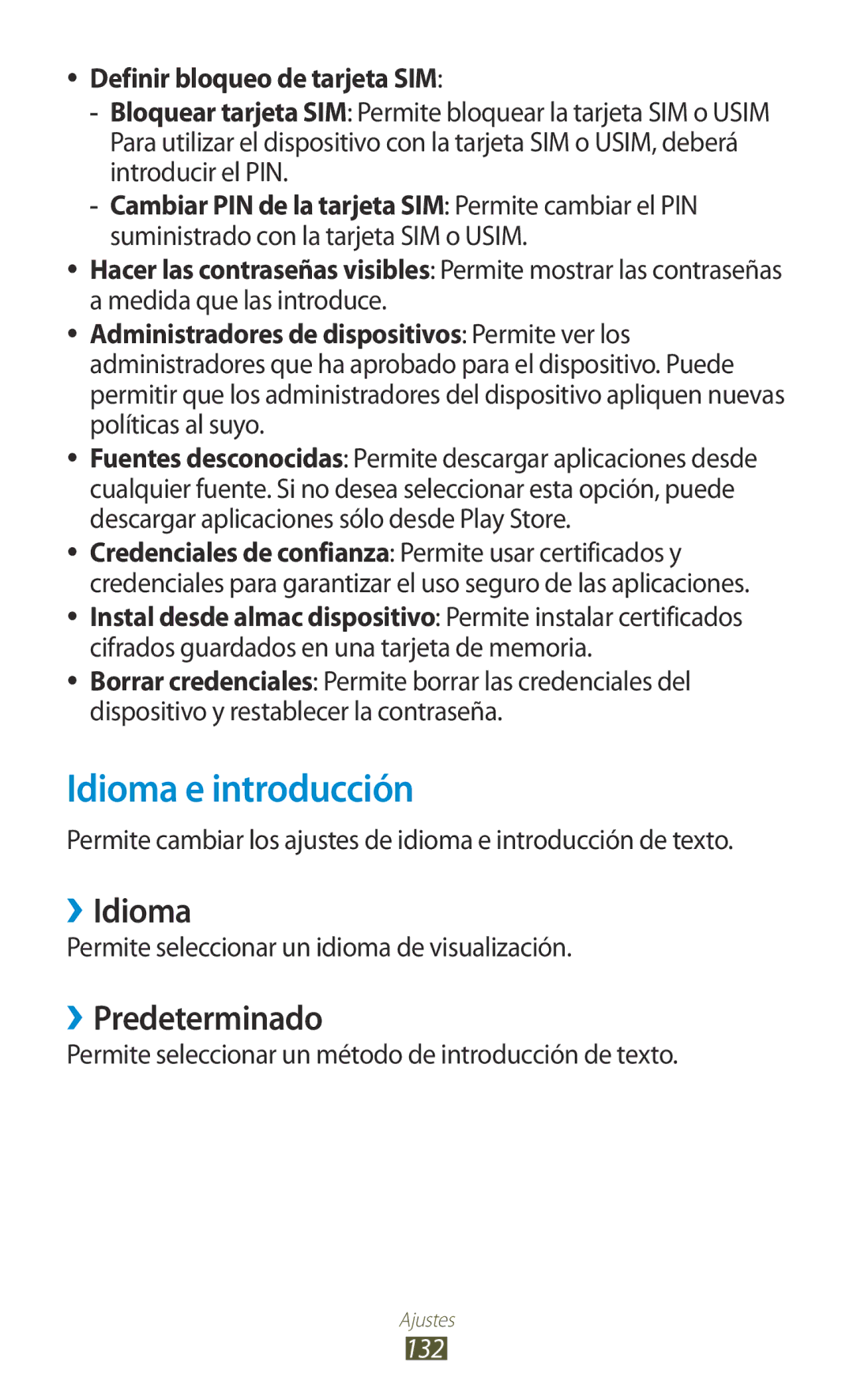 Samsung GT-P3100TSAPHE manual Idioma e introducción, ››Idioma, ››Predeterminado, Definir bloqueo de tarjeta SIM, 132 