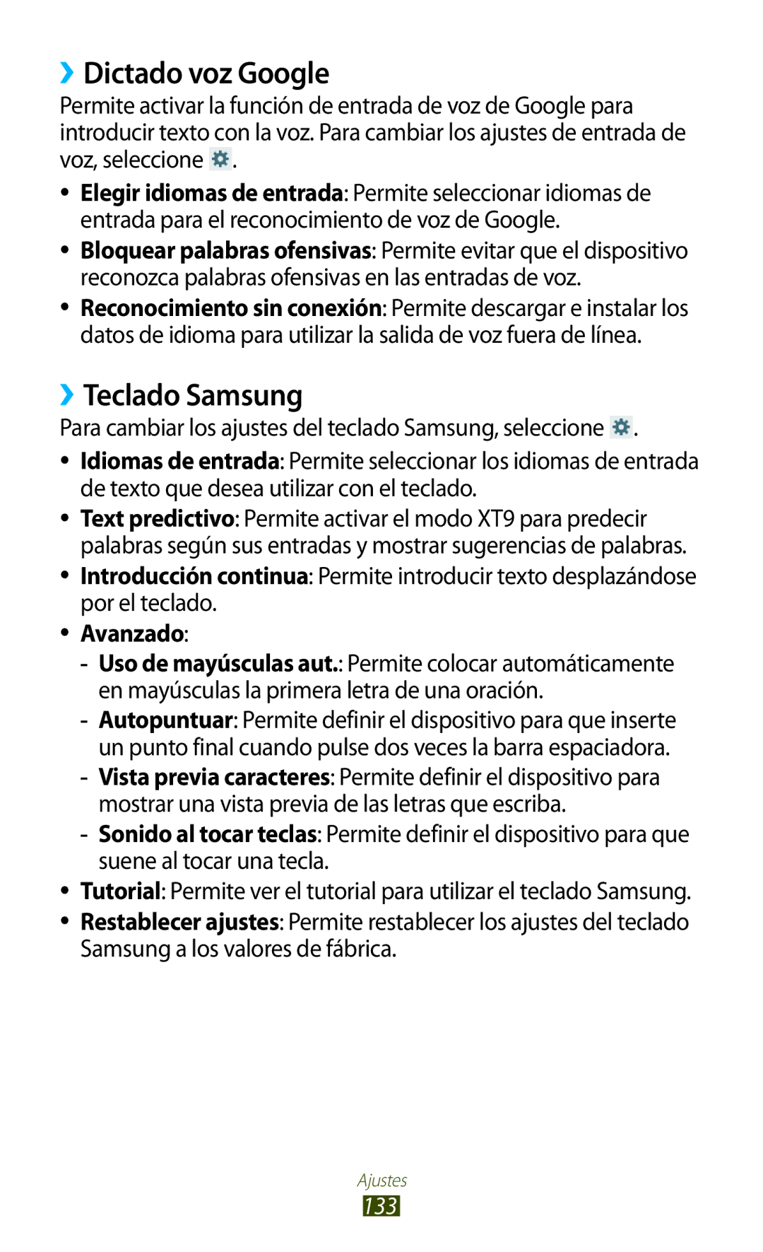 Samsung GT-P3100TSEAMN, GT-P3100ZWAAMN, GT-P3100ZWAPHE manual ››Dictado voz Google, ››Teclado Samsung, Avanzado, 133 