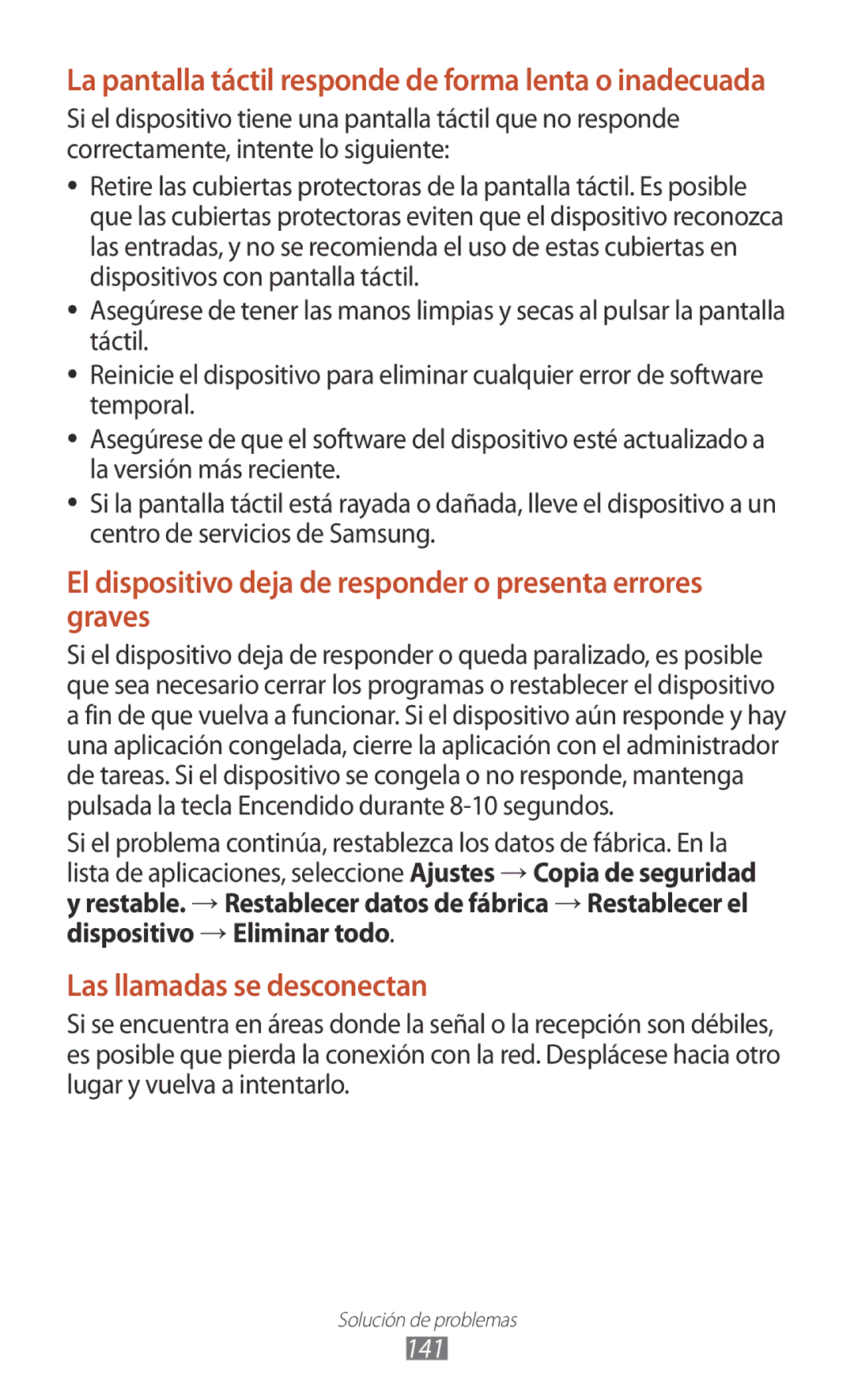 Samsung GT-P3100ZWAPHE, GT-P3100ZWAAMN, GT-P3100TSAPHE manual La pantalla táctil responde de forma lenta o inadecuada, 141 