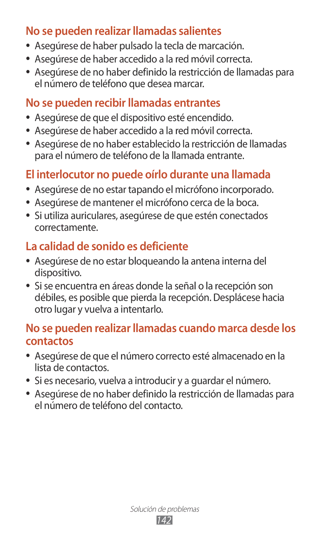 Samsung GT-P3100TSAPHE, GT-P3100ZWAAMN, GT-P3100ZWAPHE, GT-P3100TSEAMN manual No se pueden realizar llamadas salientes, 142 