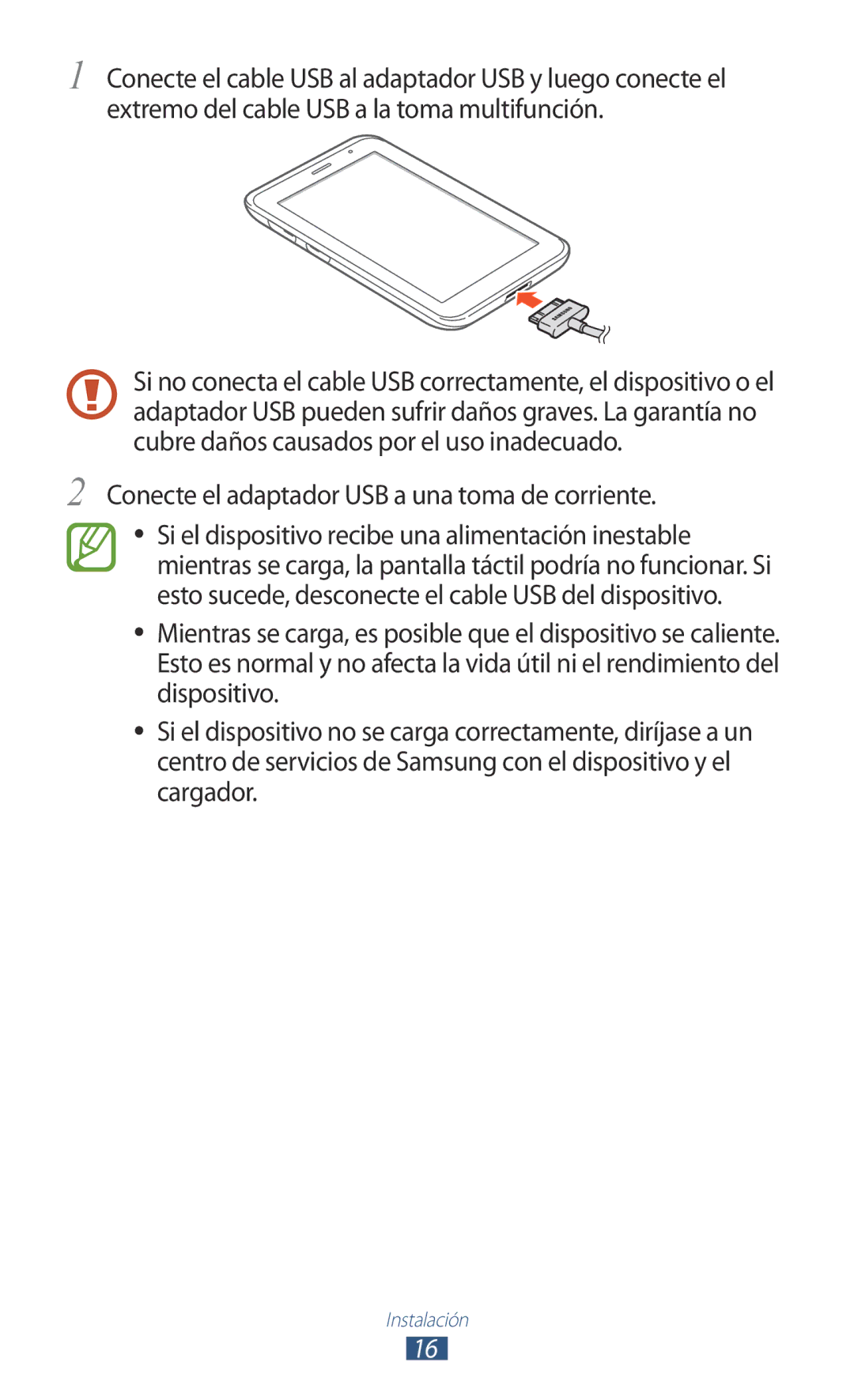 Samsung GT-P3100TSEPHE, GT-P3100ZWAAMN, GT-P3100ZWAPHE, GT-P3100TSAPHE manual Conecte el adaptador USB a una toma de corriente 