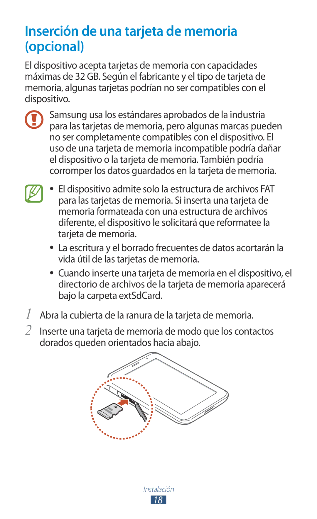 Samsung GT-P3100TSAPRO, GT-P3100ZWAAMN, GT-P3100ZWAPHE, GT-P3100TSAPHE manual Inserción de una tarjeta de memoria opcional 