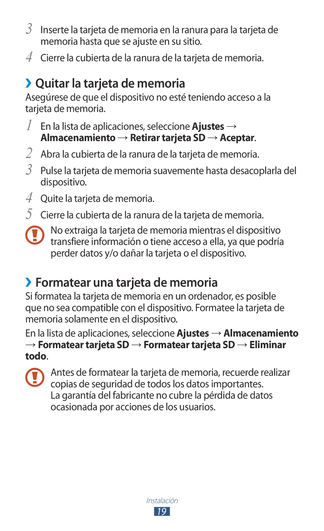 Samsung GT-P3100TSAATL, GT-P3100ZWAAMN, GT-P3100ZWAPHE ››Quitar la tarjeta de memoria, ››Formatear una tarjeta de memoria 