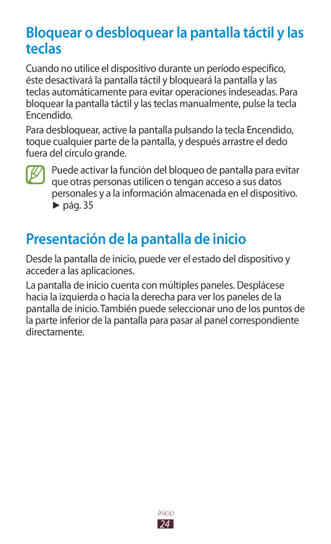 Samsung GT-P3100ZWEAMN Bloquear o desbloquear la pantalla táctil y las teclas, Presentación de la pantalla de inicio, Pág 