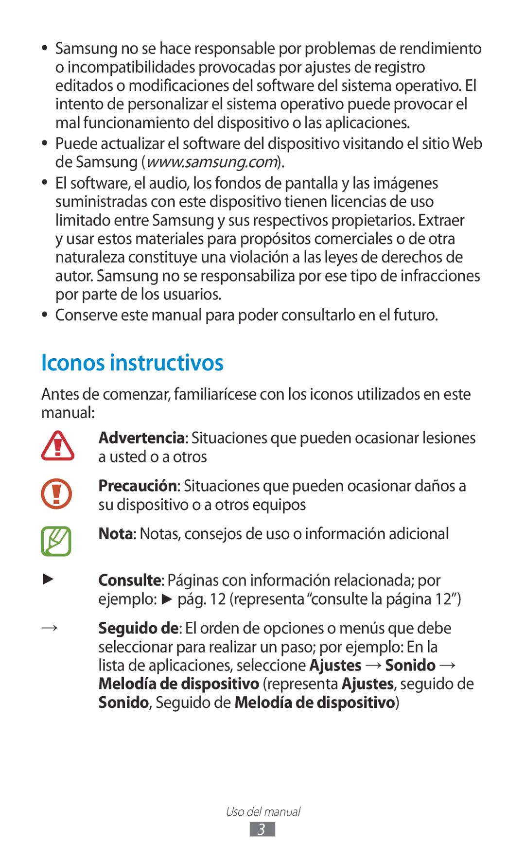 Samsung GT-P3100TSEAMN, GT-P3100ZWAAMN Iconos instructivos, Conserve este manual para poder consultarlo en el futuro 