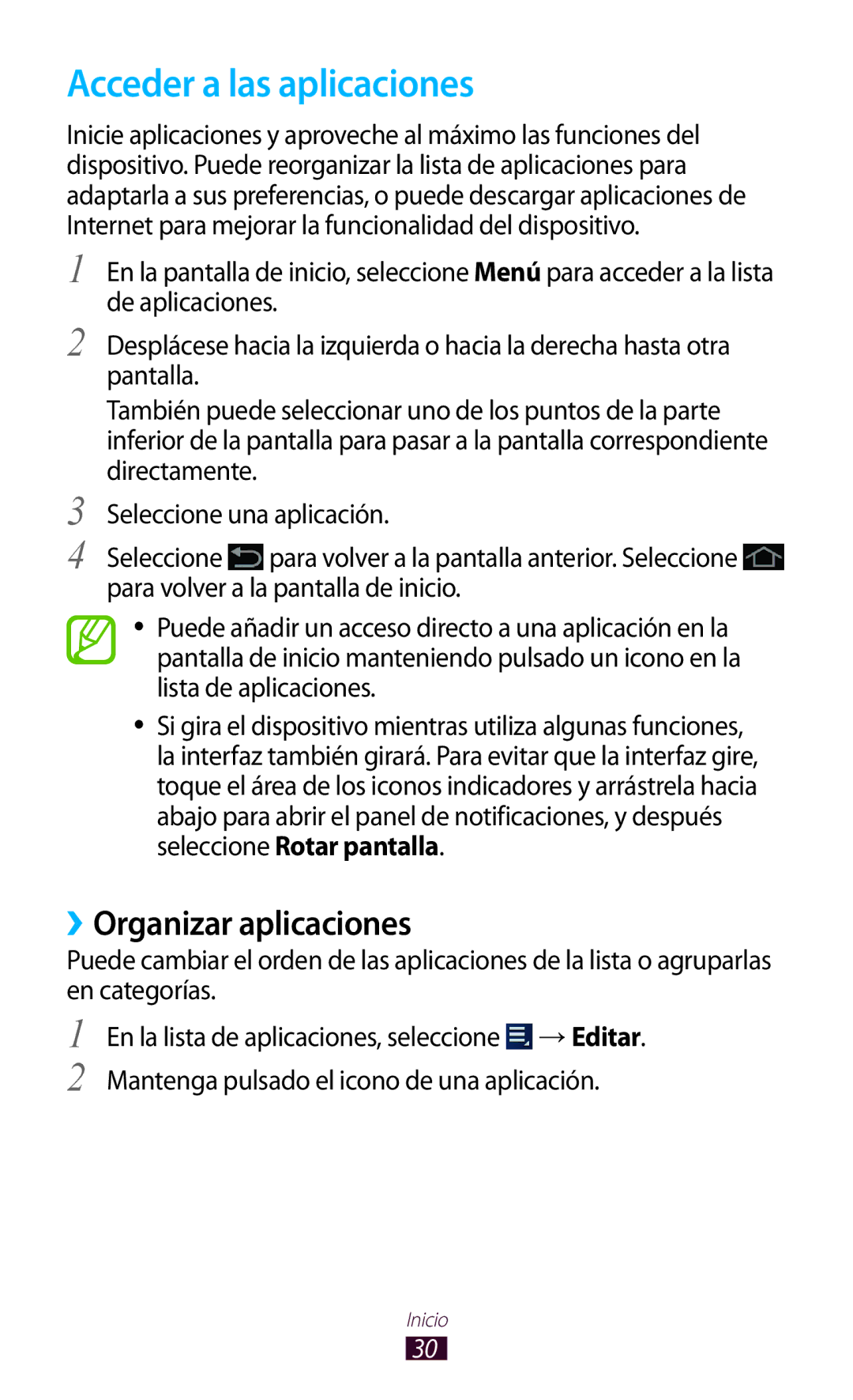 Samsung GT-P3100ZWAAMN, GT-P3100ZWAPHE, GT-P3100TSAPHE, GT-P3100TSEAMN Acceder a las aplicaciones, ››Organizar aplicaciones 