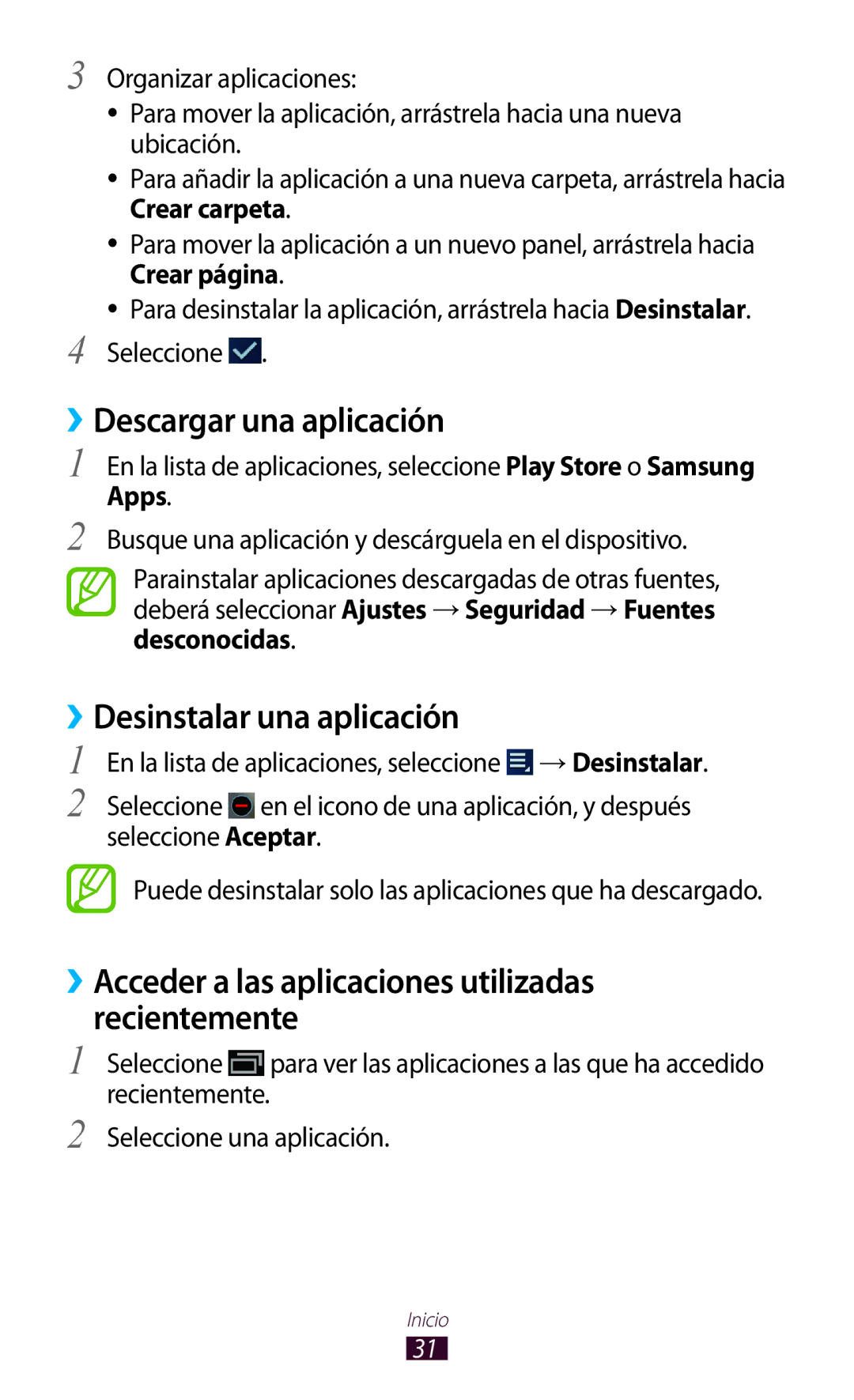 Samsung GT-P3100ZWAPHE, GT-P3100ZWAAMN, GT-P3100TSAPHE manual ››Descargar una aplicación, ››Desinstalar una aplicación 