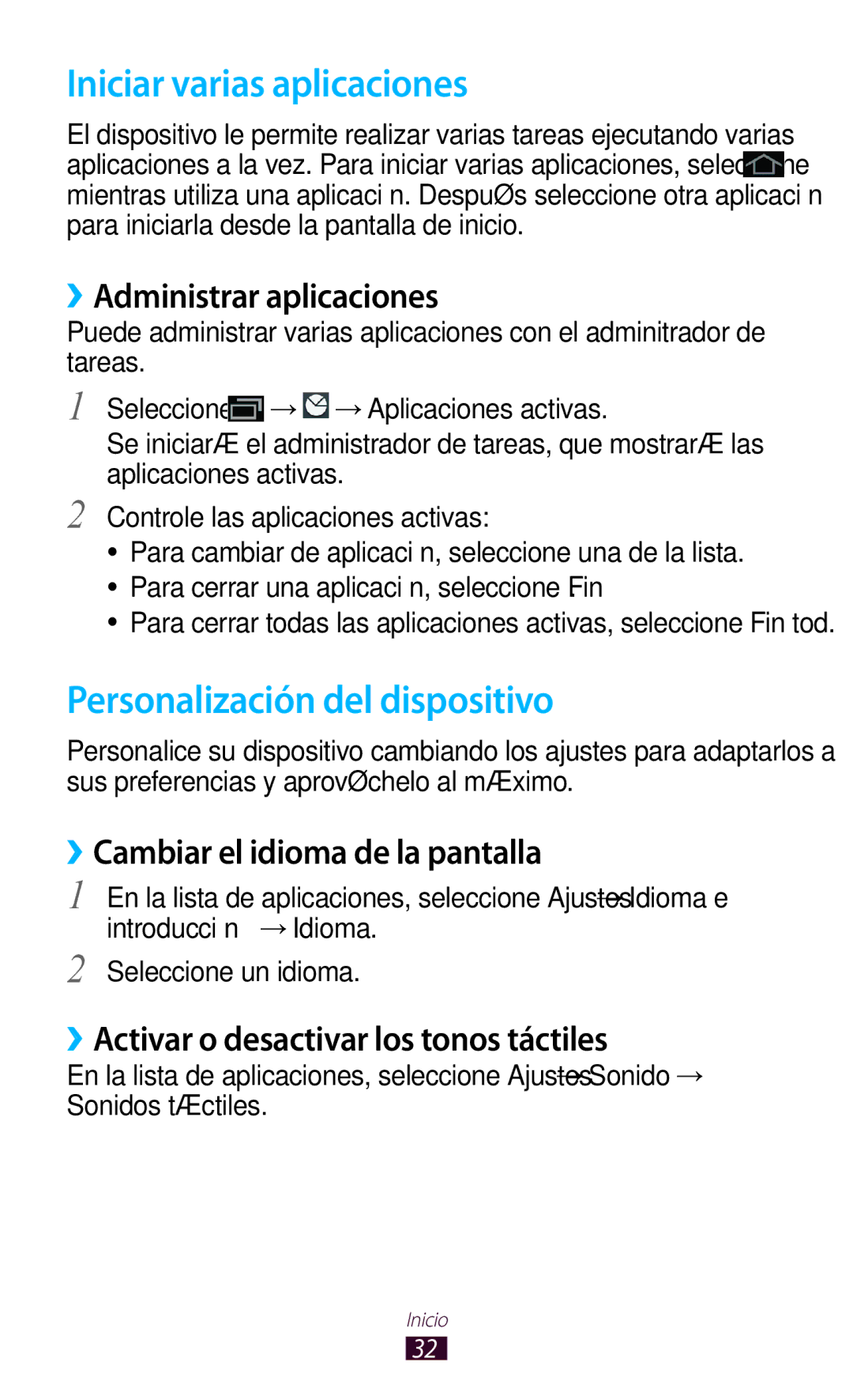 Samsung GT-P3100TSAPHE manual Iniciar varias aplicaciones, Personalización del dispositivo, ››Administrar aplicaciones 