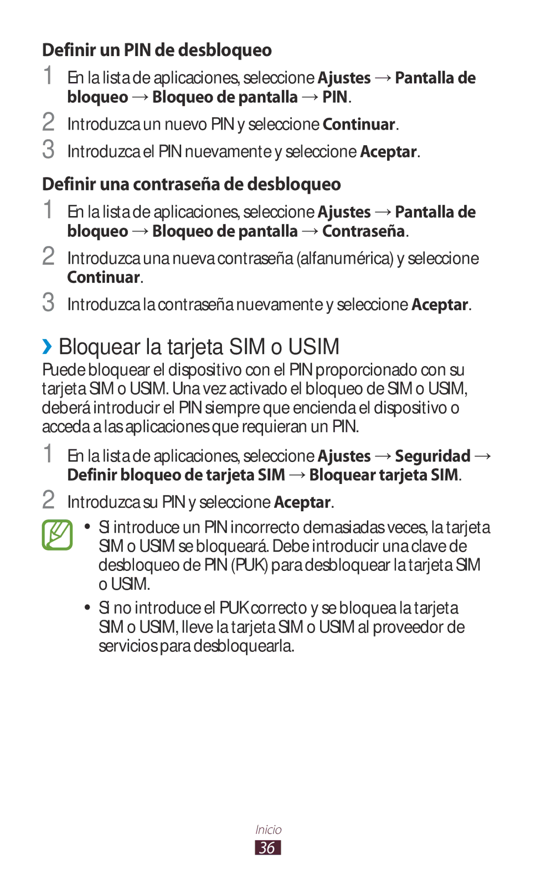 Samsung GT-P3100TSEPHE, GT-P3100ZWAAMN, GT-P3100ZWAPHE manual ››Bloquear la tarjeta SIM o Usim, Definir un PIN de desbloqueo 