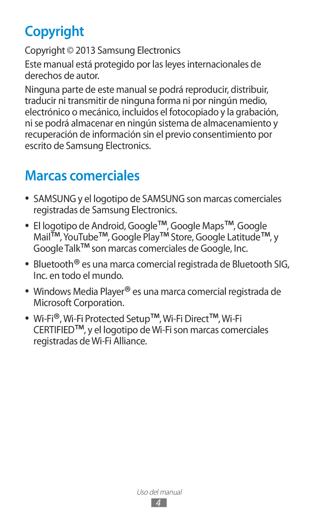 Samsung GT-P3100ZWEAMN, GT-P3100ZWAAMN, GT-P3100ZWAPHE, GT-P3100TSAPHE, GT-P3100TSEAMN manual Copyright, Marcas comerciales 